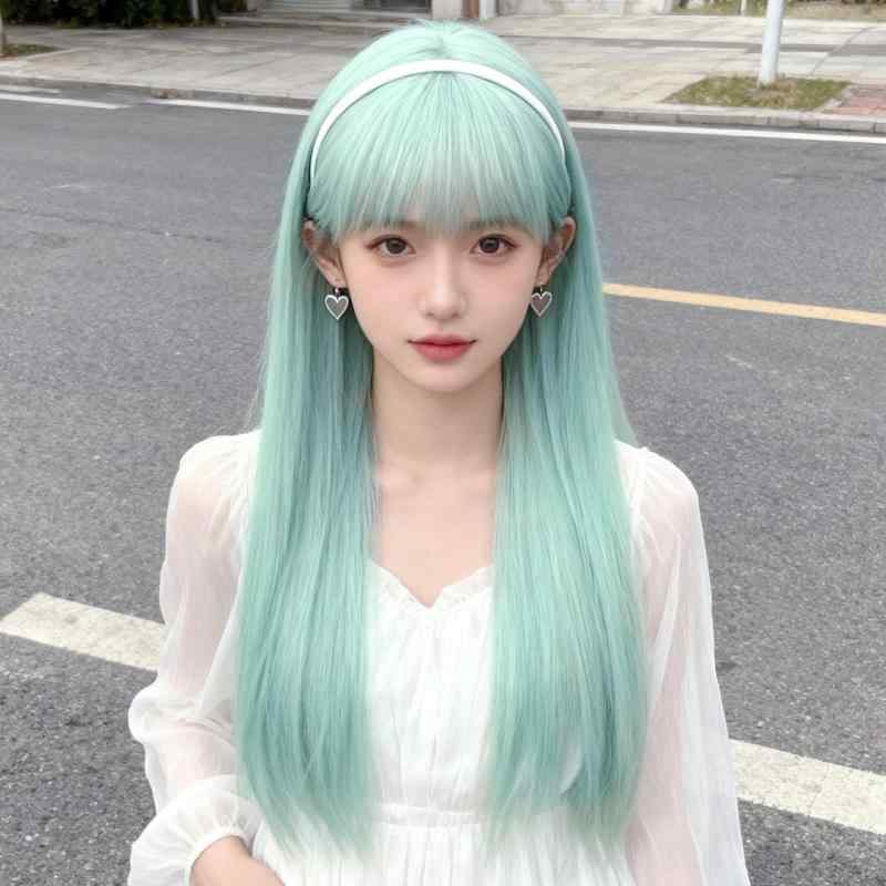 ウィッグ レディース ロング ストレート フルウィッグ ミントグリーン ぱっつん前髪 耐熱 自然 かつら コスプレ イベント 仮装 かわいい
