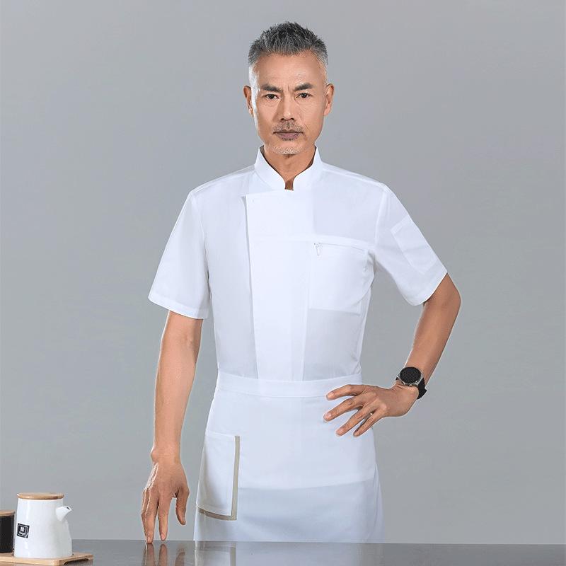 ・カテゴリ: 料理服・スタイル: ユニセックス・機能: 吸湿速乾・主な素材: ポリエステル、綿・袖丈: 半袖・ネックライン: スタンドカラー・カラー展開: ホワイト、ブラック、グレー・サイズ展開: M、L、XL、XXL、XXXL、4XL、5XL