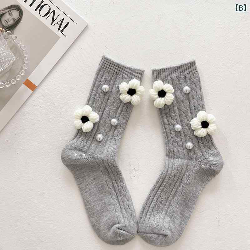 靴下 レディース 秋冬 厚手 ルーズソックス クルーソックス カシミヤ混 立体 お花 パール かわいい 防寒 暖かい くしゅくしゅ ショートブーツ用 bloomelier-10749425 bloomelier サンプル画像3