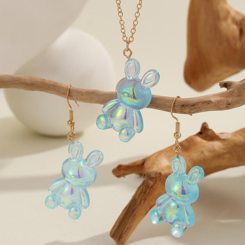 ネックレス キッズ 女の子 セット かわいい うさぎ オーロラカラー ペンダント ピアス 電気メッキ加工 カラフル 樹脂 アニマル キャラクター ジュエリー