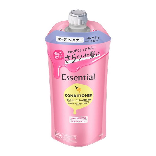 花王 エッセンシャル ふんわりうるツヤ コンディショナー つめかえ用 商品説明 『花王 エッセンシャル ふんわりうるツヤ コンディショナー つめかえ用』 ◆からまりやすく、整えにくい髪に ◆毛先までふんわりうるツヤ髪へ ◆毎日洗うたび、傷んだ髪もダメージ補修 ◆翌朝も手ぐしでするん！とあつかいやすい ◆キューティクルケア＆髪内部ケア ◆荒れたキューティクル表面もなめらかに補修 ◆傷んだ髪内部まで浸透＆補修 ◆高純度ハニー＆プロテイン※1配合 ※1 ハチミツ、加水分解コラーゲン(保湿) ◆天然由来の美髪オイル18-MEA OIL※2配合 ※2 ラノリン脂肪酸(補修) ◆キレイへ導く 5つの機能 ◆髪のからまりを防ぎやさしい洗い心地 ◆傷んだ毛先までするするの指どおり ◆ドライヤー時からまりにくく乾かしやすい ◆熱・摩擦による髪ダメージ予防 ◆翌朝手ぐしでまとまる ◆傷んだ髪もブロー・アイロンなどの熱で形づけやすく、スタイリング簡単。 花王 エッセンシャル ふんわりうるツヤ コンディショナー つめかえ用　詳細 原材料など 商品名 花王 エッセンシャル ふんわりうるツヤ コンディショナー つめかえ用 原材料もしくは全成分 水、ステアリルアルコール、DPG、ジメチコン、ステアロキシプロピルジメチルアミン、ハチミツ、加水分解コラーゲン、ラノリン脂肪酸、乳酸、リンゴ酸、ヒマワリ種子油、ポリグリセリン-3、パルミチン酸イソプロピル、セテアレス-7、セテアレス-25、ヘキサ(ヒドロキシステアリン酸／ステアリン酸／ロジン酸)ジペンタエリスリチル、ポリシリコーン-28、(ビスイソブチルPEG-15／アモジメチコン)コポリマー、アモジメチコン、ビスセテアリルアモジメチコン、エタノール、フェノキシエタノール、ベンジルアルコール、香料 内容量 300ml 販売者 花王 販売名エッセンシャルヘアコンディショナーbF ご使用上の注意 ・頭皮に傷、湿疹等異常のある時は使わないでください ・刺激等の異常が出たら使用を中止し、皮フ科医へ相談してください ・つめかえる時や使用中、目に入らないよう注意し、入った時は、すぐに充分洗い流してください 原産国 日本 広告文責 株式会社プログレシブクルー072-265-0007 区分 化粧品花王 エッセンシャル ふんわりうるツヤ コンディショナー つめかえ用　300ml×20個セット