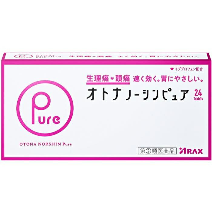 オトナノーシンピュア 商品説明 『オトナノーシンピュア 』 速くよく効く3つの有効成分を配合　●イブプロフェン　●アリルイソプロピルアセチル尿素　●無水カフェイン ＋ 胃にやさしい　乾燥水酸化アルミニウムゲル配合 ＋ 小粒でのみやすい　フィルムコーティング錠 【オトナノーシンピュア 　詳細】 2錠中 イブプロフェン 150mg アリルイソプロピルアセチル尿素 60mg 無水カフェイン 80mg 乾燥水酸化アルミニウムゲル 66.7mg 添加物として カルメロースカルシウム(CMC-Ca)，ヒドロキシプロピルセルロース，無水ケイ酸，セルロース，ステアリン酸マグネシウム，ヒプロメロース(ヒドロキシプロピルメチルセルロース)，タルク，酸化チタン，マクロゴール，カルナウバロウ を含有。 原材料など 商品名 オトナノーシンピュア 内容量 24錠 販売者 （株）アラクス 保管及び取扱い上の注意 （1）直射日光の当たらない湿気の少ない涼しい所に保管してください。 （2）小児の手の届かない所に保管してください。 （3）他の容器に入れ替えないでください（誤用の原因になったり品質が変わります。）。 （4）使用期限をすぎた製品は服用しないでください。 （5）車の中など，高温になる所に置かないでください。 用法・用量 次の用量をなるべく空腹時をさけて服用してください。 服用間隔は4時間以上おいてください。 ［年齢：1回量：1日服用回数］ 成人（15歳以上）：2錠：3回を限度とする 15歳未満の小児：服用しないこと （1）定められた用法・用量を厳守してください。 （2）錠剤の取り出し方 　錠剤の入っているPTPシートの凸部を指先で強く押して裏面のアルミ箔を破り，取り出して服用してください。（誤ってそのままのみ込んだりすると食道粘膜に突き刺さる等思わぬ事故につながります。） 効果・効能 生理痛・頭痛・腰痛・歯痛・のどの痛み・関節痛・筋肉痛・神経痛・肩こり痛・抜歯後の疼痛・打撲痛・耳痛・骨折痛・ねんざ痛・外傷痛の鎮痛，発熱による寒気・発熱時の解熱 ご使用上の注意 （守らないと現在の症状が悪化したり，副作用・事故が起こりやすくなります）1．次の人は服用しないでください 　（1）本剤又は本剤の成分によりアレルギー症状を起こしたことがある人。 　（2）本剤又は他の解熱鎮痛薬，かぜ薬を服用してぜんそくを起こしたことがある人。 　（3）15歳未満の小児。 　（4）出産予定日12週以内の妊婦。 2．本剤を服用している間は，次のいずれの医薬品も服用しないでください 　他の解熱鎮痛薬，かぜ薬，鎮静薬，乗物酔い薬 3．服用後，乗物又は機械類の運転操作をしないでください 　（眠気等があらわれることがあります。） 4．服用前後は飲酒しないでください 5．長期連用しないでください1．次の人は服用前に医師，歯科医師，薬剤師又は登録販売者に相談してください 　（1）医師又は歯科医師の治療を受けている人。 　（2）妊婦又は妊娠していると思われる人。 　（3）授乳中の人。 　（4）高齢者。 　（5）薬などによりアレルギー症状を起こしたことがある人。 　（6）次の診断を受けた人。 　　心臓病，腎臓病，肝臓病，全身性エリテマトーデス，混合性結合組織病 　（7）次の病気にかかったことのある人。 　　胃・十二指腸潰瘍，潰瘍性大腸炎，クローン病 2．服用後，次の症状があらわれた場合は副作用の可能性があるので，直ちに服用を中止し，この文書を持って医師，歯科医師，薬剤師又は登録販売者に相談してください ［関係部位：症状］ 皮膚：発疹・発赤，かゆみ，青あざができる 消化器：吐き気・嘔吐，食欲不振，胃部不快感，胃痛，口内炎，胸やけ，胃もたれ，胃腸出血，腹痛，下痢，血便 精神神経系：めまい 循環器：動悸 呼吸器：息切れ その他：目のかすみ，耳なり，むくみ，鼻血，歯ぐきの出血，出血が止まりにくい，出血，背中の痛み，過度の体温低下，からだがだるい 　まれに下記の重篤な症状が起こることがあります。その場合は直ちに医師の診療を受けてください。 ［症状の名称：症状］ ショック（アナフィラキシー）：服用後すぐに，皮膚のかゆみ，じんましん，声のかすれ，くしゃみ，のどのかゆみ，息苦しさ，動悸，意識の混濁等があらわれる。 皮膚粘膜眼症候群（スティーブンス・ジョンソン症候群），中毒性表皮壊死融解症：高熱，目の充血，目やに，唇のただれ，のどの痛み，皮膚の広範囲の発疹・発赤等が持続したり，急激に悪化する。 肝機能障害：発熱，かゆみ，発疹，黄疸（皮膚や白目が黄色くなる），褐色尿，全身のだるさ，食欲不振等があらわれる。 腎障害：発熱，発疹，尿量の減少，全身のむくみ，全身のだるさ，関節痛（節々が痛む），下痢等があらわれる。 無菌性髄膜炎：首すじのつっぱりを伴った激しい頭痛，発熱，吐き気・嘔吐等があらわれる。（このような症状は，特に全身性エリテマトーデス又は混合性結合組織病の治療を受けている人で多く報告されている。） ぜんそく：息をするときゼーゼー，ヒューヒューと鳴る，息苦しい等があらわれる。 再生不良性貧血：青あざ，鼻血，歯ぐきの出血，発熱，皮膚や粘膜が青白くみえる，疲労感，動悸，息切れ，気分が悪くなりくらっとする，血尿等があらわれる。 無顆粒球症：突然の高熱，さむけ，のどの痛み等があらわれる。 3．服用後，次の症状があらわれることがあるので，このような症状の持続又は増強が見られた場合には，服用を中止し，この文書を持って医師，薬剤師又は登録販売者に相談してください 　便秘，眠気 4．5〜6回服用しても症状がよくならない場合は服用を中止し，この文書を持って医師，歯科医師，薬剤師又は登録販売者に相談してください ◆ 医薬品について ◆医薬品は必ず使用上の注意をよく読んだ上で、 それに従い適切に使用して下さい。 ◆購入できる数量について、お薬の種類によりまして販売個数制限を設ける場合があります。 ◆お薬に関するご相談がございましたら、下記へお問い合わせくださいませ。 株式会社プログレシブクルー　072-265-0007 ※平日9:30-17:00 (土・日曜日および年末年始などの祝日を除く） メールでのご相談は コチラ まで 広告文責 株式会社プログレシブクルー072-265-0007 商品に関するお問い合わせ 会社名：株式会社アラクス 住所：〒460-0002　名古屋市中区丸の内三丁目2-26 問い合わせ先：アラクスお客様相談室 電話：0120-225-081 受付時間：9：00〜16：30（土・日・祝日を除く） 区分 日本製・第「2」類医薬品 ■医薬品の使用期限 医薬品に関しては特別な表記の無い限り、1年以上の使用期限のものを販売しております。 それ以外のものに関しては使用期限を記載します。医薬品に関する記載事項はこちら【第(2)類医薬品】アラクス オトナノーシン ピュア 　24錠×3個セット