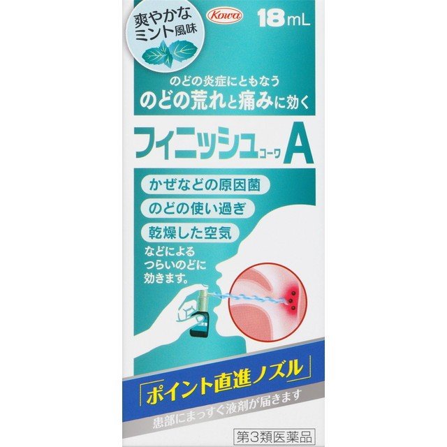 フィニッシュコーワA 商品説明 『フィニッシュコーワA 』 フィニッシュコーワAは，ノドやお口の中に，爽やかなミントの香りがスーッとひろがるノド用治療薬です。フィニッシュコーワAをノドの患部にピュッピュッと噴射しますと，効きめの成分が患部に直接当たり，ノドを正常な状態に治してくれます。 ●かぜの場合には，ノドの粘膜に付着した細菌を直接退治して，ノドのハレと痛みをとります。 ●声を出しすぎてノドに負担をかけたり，汚染空気の刺激などによりノドを痛めた場合には，荒れてしまったノドが気持ちよく治ってまいります。 【フィニッシュコーワA 　詳細】 1mL中 ポビドンヨード 4.5mg 添加物として l-メントール，ヨウ化カリウム，グリセリン，エタノール，香料 を含有。 原材料など 商品名 フィニッシュコーワA 内容量 18mL 販売者 興和株式会社 保管及び取扱い上の注意 （1）高温をさけ，直射日光の当たらない涼しい所に密栓して保管してください。 （2）小児の手の届かない所に保管してください。 （3）他の容器に入れ替えないでください。（誤用の原因になったり品質が変わります。） （4）本剤が衣類や寝具などに付着し，汚れた場合にはなるべく早く水か洗剤で洗い落としてください。 （5）プラスチック類，塗装面等に付着すると変質することがありますので，付着しないように注意してください。 （6）火気に近づけないでください。 （7）液が出なくなったり，不衛生になりますので，キャップをしっかりはめ，ゴミが付着しないようにしてください。 （8）キャップをしたまま噴射すると，キャップを飲みこむおそれがありますので，必ずキャップをとってから噴射してください。 （9）使用期限（外箱及び容器に記載）をすぎた製品は使用しないでください。 用法・用量 1日数回適量をのどの粘膜面に噴射塗布してください。 （1）用法・用量を守ってください。 （2）息を吸いながら使用すると，液が気管支や肺に入ることがありますので，ノズルをのどの患部にむけて，ア〜ッと声を出しながら，ピュッピュッと2〜3回直射してください。 （3）目に入らないように注意してください。万一，目に入った場合には，すぐに水又はぬるま湯で洗い，直ちに眼科医の診療を受けてください。 （4）小児に使用させる場合には，保護者の指導監督のもとに使用させてください。 （5）塗布にのみ使用してください。 効果・効能 のどの炎症によるのどのあれ・のどの痛み・のどのはれ・のどの不快感・声がれ ご使用上の注意 （守らないと現在の症状が悪化したり，副作用が起こりやすくなります）1．次の人は使用しないでください 　本剤又は本剤の成分によりアレルギー症状を起こしたことがある人。 2．長期連用しないでください1．次の人は使用前に医師，薬剤師又は登録販売者に相談してください 　（1）妊婦又は妊娠していると思われる人。 　（2）授乳中の人。 　（3）薬などによりアレルギー症状を起こしたことがある人。 　（4）次の症状のある人。 　　口中のひどいただれ 　（5）次の診断を受けた人。 　　甲状腺機能障害 2．使用後，次の症状があらわれた場合は副作用の可能性がありますので，直ちに使用を中止し，この添付文書を持って医師，薬剤師又は登録販売者に相談してください ［関係部位：症状］ 皮膚：発疹・発赤，かゆみ 口：あれ，しみる，灼熱感，刺激感 消化器：吐き気 その他：不快感 　まれに次の重篤な症状が起こることがあります。その場合は直ちに医師の診療を受けてください。 ［症状の名称：症状］ ショック（アナフィラキシー）：使用後すぐに，皮膚のかゆみ，じんましん，声のかすれ，くしゃみ，のどのかゆみ，息苦しさ，動悸，意識の混濁等があらわれる。 3．5〜6日間使用しても症状がよくならない場合は使用を中止し，この添付文書を持って医師，薬剤師又は登録販売者に相談してください ◆ 医薬品について ◆医薬品は必ず使用上の注意をよく読んだ上で、 それに従い適切に使用して下さい。 ◆購入できる数量について、お薬の種類によりまして販売個数制限を設ける場合があります。 ◆お薬に関するご相談がございましたら、下記へお問い合わせくださいませ。 株式会社プログレシブクルー　072-265-0007 ※平日9:30-17:00 (土・日曜日および年末年始などの祝日を除く） メールでのご相談は コチラ まで 広告文責 株式会社プログレシブクルー072-265-0007 商品に関するお問い合わせ 会社名：興和株式会社 問い合わせ先：お客様相談センター 電話：03-3279-7755 受付時間：月〜金（祝日を除く）9：00〜17：00 区分 日本製・第3類医薬品 ■医薬品の使用期限 医薬品に関しては特別な表記の無い限り、1年以上の使用期限のものを販売しております。 それ以外のものに関しては使用期限を記載します。医薬品に関する記載事項はこちら興和　フィニッシュコーワA 18mL×10個セット