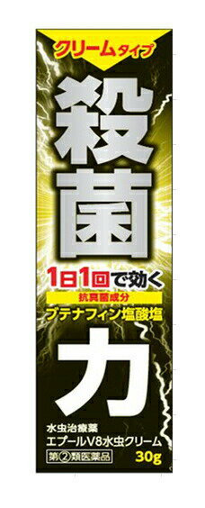 エプールV8水虫クリーム 商品説明 『エプールV8水虫クリーム 』 水虫・たむしは，白癬菌というカビが皮膚の角質層等に寄生して起こる皮膚病で，かゆみや痛みを伴うことが多くあります。 エプールV8水虫クリームには8種類の有効成分を配合。1日1回の使用により，かゆみや痛みを伴う（水虫・たむしの）不快な症状を改善します。 【エプールV8水虫クリーム 　詳細】 100g中 ブテナフィン塩酸塩 1g グリチルレチン酸 0.5g dl-カンフル 1g クロルフェニラミンマレイン酸塩 0.5g リドカイン 2g クロタミトン 5g イソプロピルメチルフェノール 0.3g l-メントール 2g 添加物として ミリスチン酸イソプロピル，プロピレングリコール，ポリソルベート60，カルボキシビニルポリマー，パラベン，トリエタノールアミン を含有。 原材料など 商品名 エプールV8水虫クリーム 内容量 30g 販売者 万協製薬（株） 保管及び取扱い上の注意 （1）直射日光の当たらない涼しい所に密栓して保管してください。 （2）小児の手の届かない所に保管してください。 （3）他の容器に入れ替えないでください。 　（誤用の原因になったり品質が変わります。） （4）使用期限を過ぎた製品は使用しないでください。 　なお，使用期限内であっても，開封後は品質保持の点からなるべく早く使用してください。 （5）本剤のついた手で，目や粘膜に触れないでください。 （6）チューブの口に穴を開ける際にチューブを強く握り過ぎるとクリームが多く出る場合がありますのでご注意ください。 用法・用量 1日1回，適量を患部に塗布してください。 （1）定められた用法・用量を厳守してください。 （2）患部やその周囲が汚れたまま使用しないでください。 （3）目に入らないように注意してください。万一，目に入った場合には，すぐに水又はぬるま湯で洗い，直ちに眼科医の診療を受けてください。 （4）小児に使用させる場合には，保護者の指導監督のもとに使用させてください。 （5）外用にのみ使用してください。 効果・効能 水虫，いんきんたむし，ぜにたむし ご使用上の注意 （守らないと現在の症状が悪化したり，副作用が起こりやすくなります）1．次の人は使用しないでください 　本剤又は本剤の成分によりアレルギー症状を起こしたことがある人。 2．次の部位には使用しないでください 　（1）目や目の周囲，粘膜（例えば，口腔，鼻腔，膣等），陰のう，外陰部等。 　（2）湿疹。 　（3）湿潤，ただれ，亀裂や外傷のひどい患部。1．次の人は使用前に医師，薬剤師又は登録販売者に相談してください 　（1）医師の治療を受けている人。 　（2）妊婦又は妊娠していると思われる人。 　（3）乳幼児。 　（4）薬などによりアレルギー症状を起こしたことがある人。 　（5）患部が顔面又は広範囲の人。 　（6）患部が化膿している人。 　（7）「湿疹」か「みずむし，いんきんたむし，ぜにたむし」かがはっきりしない人。（陰のうにかゆみ・ただれ等の症状がある場合は，湿疹等他の原因による場合が多い。） 2．使用後，次の症状があらわれた場合は副作用の可能性があるので，直ちに使用を中止し，この文書を持って医師，薬剤師又は登録販売者に相談してください ［関係部位：症状］ 皮膚：発疹・発赤，かゆみ，かぶれ，はれ，刺激感，熱感，乾燥感，ヒリヒリ感 3．2週間位使用しても症状がよくならない場合は使用を中止し，この文書を持って医師，薬剤師又は登録販売者に相談してください ◆ 医薬品について ◆医薬品は必ず使用上の注意をよく読んだ上で、 それに従い適切に使用して下さい。 ◆購入できる数量について、お薬の種類によりまして販売個数制限を設ける場合があります。 ◆お薬に関するご相談がございましたら、下記へお問い合わせくださいませ。 株式会社プログレシブクルー　072-265-0007 ※平日9:30-17:00 (土・日曜日および年末年始などの祝日を除く） メールでのご相談は コチラ まで 広告文責 株式会社プログレシブクルー072-265-0007 商品に関するお問い合わせ 会社名：万協製薬株式会社 問い合わせ先：お客様相談室 電話：0598-30-5376 受付時間：10：00〜17：00（ただし，土，日，祝日は除きます。） 区分 日本製・第「2」類医薬品 ■ 医薬品の使用期限 医薬品に関しては特別な表記の無い限り、1年以上の使用期限のものを販売しております。 それ以外のものに関しては使用期限を記載します。 医薬品に関する記載事項はこちらエプールV8水虫クリーム　30g ×10個セット