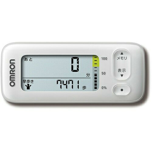 オムロン 活動量計 HJA-330-JW 商品説明 『オムロン 活動量計 HJA-330-JW』 ◆「早歩き歩数」を個別にカウントし、早歩き目標時間を表示 早歩き（早歩きの基準）の歩数を個別にカウントし、早歩き歩数として表示します。 さらに1日の活動カロリー消費目標達成に必要な目安時間を表示します。 ◆毎日の目標活動カロリーの達成度をわかりやすく表示 4週間で減らしたい体重を設定すると、その減量目標を達成するために必要な1日の目標活動カロリーを自動算出。 目標活動カロリーを達成するには、早歩きならあと何分かかるのか、わかりやすく表示します。 また、1日の目標活動カロリーに対する達成度をインジケータでお知らせするので、達成度がひと目で確認できます。 目標を達成すると「バンザイマーク」、さらに目標の1.5倍以上のカロリーを消費すると「♪マーク」を表示します。 ◆知りたい結果を、見やすく表示 「表示」ボタンを押すごとに、5つの画面が順番に切り替わります。 [ホーム画面]歩数・時刻→歩数・距離→早歩き目標時間・早歩き歩数→活動カロリー・脂肪燃焼量→総消費カロリー・時刻 【オムロン 活動量計 HJA-330-JW　詳細】 原材料など 商品名 オムロン 活動量計 HJA-330-JW 内容量 1個 販売者 オムロンヘルスケア セット内容 お試し用電池（CR2032 × 1 個、取り付け済み）、落下防止用ストラップ、ストラップ用クリップ、取扱説明書（品質保証書付き） 広告文責 株式会社プログレシブクルー072-265-0007 区分 ヘルスケア用品オムロン 活動量計 HJA-330-JW　1個