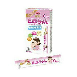 森永 E赤ちゃん スティックタイプ 13g*10本入 商品説明 『森永 E赤ちゃん スティックタイプ 13g*10本入 』 ◆たんぱく質含量の変更による乳児の消化負担の軽減や、3種類のオリゴ糖を配合(「ラクチュロース」「ラフィノース」に加えて「ガラクトオリゴ糖」を新規配合)で、更に母乳に近く消化がよくなりました。 ◆0ヵ月から 森永 E赤ちゃん スティックタイプ 13g*10本入 　詳細 【栄養成分】 (100g当たり) 熱量(kcaL) 512 たんぱく質(g) 11.0(当量) 脂質(g) 27.0 調整脂肪(g) 26.9 炭水化物(g) 57.0 乳糖(g) 45.5 可溶性多糖類(g) 10.2 難消化性オリゴ糖(g) 1.30 灰分(g) 2.3 水分(g) 2.7 ビタミンA(μg) 410 ビタミンB1(mg) 0.35 ビタミンB2(mg) 0.7 ビタミンB6(mg) 0.3 ビタミンB12(μg) 1.2 ビタミンC(mg) 60 ビタミンD(μg) 6.5 ビタミンE(mg) 10 ビタミンK(μg) 25 リノール酸(g) 3.0 α-リノレン酸(g) 0.4 アラキドン酸(ARA)(mg) 35 ドコサヘキサエン酸(DHA)(mg) 70 ナイアシン(mg) 3.5 葉酸(μg) 100 イノシトール(mg) 60 パントテン酸(mg) 4 β-カロテン(μg) 45 ビオチン(μg) (4.5) コリン(mg) 80 カルニチン(mg) 12 ラクトフェリン(mg) 50(消化物) シスチン(mg) 200 タウリン(mg) 20 リン脂質(mg) 850 スフィンゴミエリン(mg) 50 コレステロール(mg) 46 ヌクレオチド(mg) 8 ラクチュロース(mg) 300 ラフィノース(mg) 500 ガラクトオリゴ糖(mg) 500 カルシウム(mg) 380 リン(mg) 210 ナトリウム(mg) 140 カリウム(mg) 495 塩素(mg) 310 マグネシウム(mg) 45 鉄(mg) 6 銅(mg) 0.32 亜鉛(mg) 3 マンガン(μg) 24 ヨウ素(μg) (20) 原材料など 商品名 森永 E赤ちゃん スティックタイプ 13g*10本入 原材料もしくは全成分 乳糖、調整脂肪(パーム油、パーム核油、ヒマワリ油、サフラワー油、エゴマ油)、乳清たんぱく質消化物、デキストリン、カゼイン消化物、乳糖分解液(ラクチュロース)、ガラクトオリゴ糖液糖、ラフィノース、精製魚油、アラキドン酸含有油、L-カルニチン、レシチン(大豆由来)、炭酸カルシウム、塩化マグネシウム、塩化カリウム、ビタミンC、リン酸三カルシウム、炭酸ナトリウム、リン酸水素二カリウム、ラクトフェリン消化物、コレステロール、炭酸カリウム、ピロリン酸第二鉄、ビタミンE、タウリン、硫酸亜鉛、シチジル酸ナトリウム、ビタミンD3、パントテン酸カルシウム、ニコチン酸アミド、イノシトール、ウリジル酸ナトリウム、ビタミンA、硫酸銅、5’-アデニル酸、イノシン酸ナトリウム、グアニル酸ナトリウム、ビタミンB1、ビタミンB2、ビタミンB6、葉酸、B-カロテン、ビタミンB12 内容量 13g*10本入 販売者 森永乳業 アレルギー物質 乳、大豆※原材料中に使用されているアレルギー物質(25品目中)を表示しております。 広告文責 株式会社プログレシブクルー072-265-0007 区分 日用品森永 E赤ちゃん スティックタイプ 13g*10本入 ×3個セット