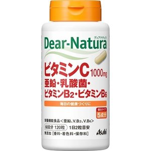 ディアナチュラ ビタミンC・亜鉛・乳酸菌・ビタミンB2・ビタミンB6 商品説明 『ディアナチュラ ビタミンC・亜鉛・乳酸菌・ビタミンB2・ビタミンB6』 ◆2粒でビタミンC1000mg配合 ◆さらに、亜鉛・乳酸菌・ビタミンB2・ビタミンB6も一緒に摂れる ◆毎日の健康づくりに。 ◆食生活は、主食、主催、副菜を基本に、食事のバランスを。 ◆栄養機能食品(栄養成分：亜鉛、ビタミンB2、ビタミンB6) ・保健機能食品表示：亜鉛 ・亜鉛は、味覚を正常に保つのに必要な栄養素です。たんぱく質・核酸の代謝に関与して、健康の維持に役立つ栄養素です。皮膚や粘膜の健康維持を助ける栄養素です。 ・ビタミンB2は、皮膚や粘膜の健康維持を助ける栄養素です。 ・ビタミンB6は、たんぱく質からのエネルギーの産生と皮膚や粘膜の健康維持を助ける栄養素です。 ・1日当たりの摂取目安量に含まれる機能表示を行う栄養成分の量が栄養素等表示基準値(18歳以上、基準熱量2200kcaLに占める割合：亜鉛33％、ビタミンB2 428％、ビタミンB6 153％ ディアナチュラ ビタミンC・亜鉛・乳酸菌・ビタミンB2・ビタミンB6　詳細 原材料など 商品名 ディアナチュラ ビタミンC・亜鉛・乳酸菌・ビタミンB2・ビタミンB6 原材料もしくは全成分 殺菌乳酸菌末／ビタミンC、プルラン、グルコン酸亜鉛、ステアリン酸Ca、ビタミンB2、ビタミンB6 保存方法 直射日光・高温多湿を避け、常温で保存してください。 内容量 120粒 販売者 アサヒグループ食品 保健機能食品表示 ・亜鉛は、味覚を正常に保つのに必要で、たんぱく質・核酸の代謝に関与して、健康の維持に役立つ栄養素です。 ・亜鉛及びビタミンB2及びビタミンB6は、皮膚や粘膜の健康維持を助ける栄養素です。 ・ビタミンB6は、たんぱく質からのエネルギーの生産を助ける栄養素です。 基準値に占める割合 栄養素等表示基準値(18歳以上、基準熱量2200kcaL)に占める割合 亜鉛：33％、ビタミンB2：428％、ビタミンB6：153％ 1日あたりの摂取目安量 2粒 ご使用方法 1日2粒を目安に、水またはお湯とともにお召し上がりください。 品名・名称 ビタミンC加工食品 ご使用上の注意 ・本品は多量摂取により疾病が治癒したり、より健康が増進するものではありません。 ・1日の摂取目安量を守ってください。 ・亜鉛の摂り過ぎは、銅の吸収を阻害するおそれがありますので、過剰摂取にならないよう注意してください。 ・乳幼児・小児は本品の摂取を避けてください。 ・体調や体質によりまれに身体に合わない場合があります。その場合は使用を中止してください。 ・小児の手の届かないところに置いてください。 ・ビタミンB2により尿が黄色くなることがあります。 ・色むらや色調の変化、斑点が見られる場合がありますが、品質に問題ありません。 ・保管環境によってはカプセルが付着する場合がありますが、品質に問題ありません。 ・本品は、特定保健用食品と異なり、消費者庁長官による個別審査を受けたものではありません。 原産国 日本 広告文責 株式会社プログレシブクルー072-265-0007 区分 サプリメントディアナチュラ ビタミンC・亜鉛・乳酸菌・ビタミンB2・ビタミンB6