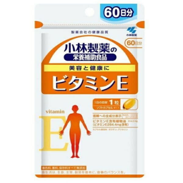 小林製薬 ビタミンE お徳用 60粒入 商品説明 『小林製薬 ビタミンE お徳用 60粒入』 美容と健康に。 着色料、香料、保存料すべて無添加です。 栄養成分表示 1粒当たり エネルギー：3.4kcal、たんぱく質：0.14g、脂質：0.3g、炭水化物：0.0054〜0.054g、食塩相当量：0g、ビタミンE：284.4mg 【小林製薬 ビタミンE お徳用 60粒入　詳細】 原材料など 商品名 小林製薬 ビタミンE お徳用 60粒入 原材料もしくは全成分 ビタミンE含有植物油、ゼラチン、グリセリン 内容量 60粒入 29.6g（494mg×60粒、カプセル含む） ※1粒含有量314mg 販売者 小林製薬株式会社 ご使用方法 1日の目安量：1粒 栄養補助食品として1日1粒を目安に、かまずに水またはお湯とともにお召し上がりください。 ご使用上の注意 ●直射日光を避け、湿気の少ない涼しい所に保存してください。 ●1日の摂取目安量を守ってください。 ●乳幼児・小児の手の届かない所に置いてください。 ●乳幼児・小児には与えないでください。 ●薬を服用中、通院中又は妊娠・授乳中の方は医師にご相談ください。 ●食物アレルギーの方は原材料名をご確認の上、お召し上がりください。 ●体質体調により、まれに体に合わない場合（発疹、胃部不快感など）があります。その際はご使用を中止ください。 ●カプセル同士がくっつく場合や、原材料の特性により色等が変化することがありますが、品質に問題はありません。 広告文責 株式会社プログレシブクルー072-265-0007 区分 健康食品小林製薬 ビタミンE お徳用 60粒入×5個セット