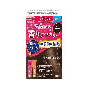 ビゲン 香りのヘアカラー クリーム 4A 商品説明 『ビゲン 香りのヘアカラー クリーム 4A』 ◆密着して染める。濃密クリームが生え際にくいつきとどまる ◆色持ち成分配合。染料の流出を抑え、日にちが経っても髪色キレイ！ ◆ツンとしない、ほ...