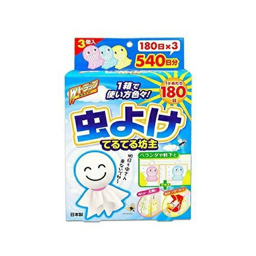 ライオンケミカル Wトラップ 虫よけ 180日用 てるてる坊主 商品説明 『ライオンケミカル Wトラップ 虫よけ 180日用 てるてる坊主』 ●屋外・室内を問わず色んなところで使える虫よけです。 ●吊るすだけで効きめが広がる、簡単な虫よけ剤です。 ●ネットの中に薬剤が練り込んであり、約180日間効果を発揮します。 ●においもなく、薬剤に直接触れにくい安心設計。 ●雨に濡れても薬剤の飛散には影響ありません。 【ライオンケミカル Wトラップ 虫よけ 180日用 てるてる坊主　詳細】 原材料など 商品名 ライオンケミカル Wトラップ 虫よけ 180日用 てるてる坊主 内容量 3個入 保存方法 直射日光の当たる場所、高温多湿を避け保管してください。 製造国 日本 販売者 ライオンケミカル ご使用上の注意 用途以外には使用しないでください。 取り付けや取り外しの際に、窓から落ちないようにご注意ください。 昆虫類やペット（小鳥、鑑賞魚など）に影響を与える恐れがありますので、置き場所に注意してください。 容器内のネットを取り出したり、触れたりしないでください。 万一、体に異常を感じたときは、直ちに使用をやめ、本品がピレスロイド系であることを医師に告げ、診察を受けてください。 ペットが誤って食べないように注意してください。 万一、誤って食べたときは本品を持参の上、獣医師に相談してください。 火気の近くでは使用しないでください。 使用後はプラスチックゴミとして、各自治体の処分方法に従ってください。 広告文責 株式会社プログレシブクルー072-265-0007 区分 日用品ライオンケミカル Wトラップ 虫よけ 180日用 てるてる坊主　3個入×20個セット