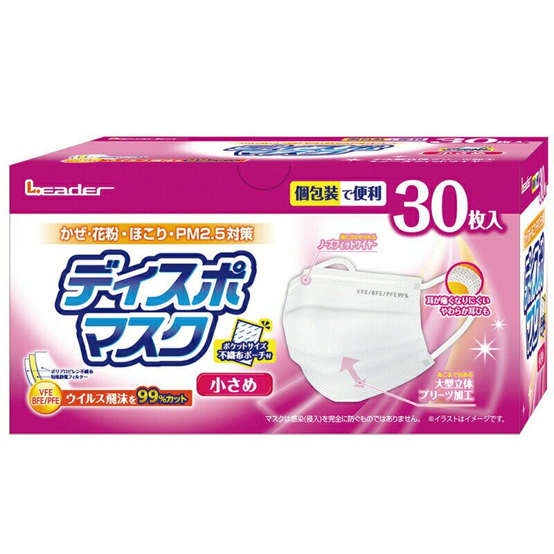 【30個セット】【1ケース分】 【個包装】 リーダー ディスポマスク 小さめサイズ 30枚入×30個セット　1..