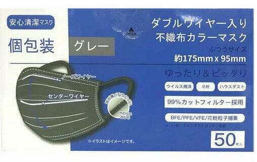 【250枚入り】【5箱セット】ダブルワイヤー入り 不織布 カラーマスク 　グレー　50枚入×5箱セット【正規品】　息がしやすい