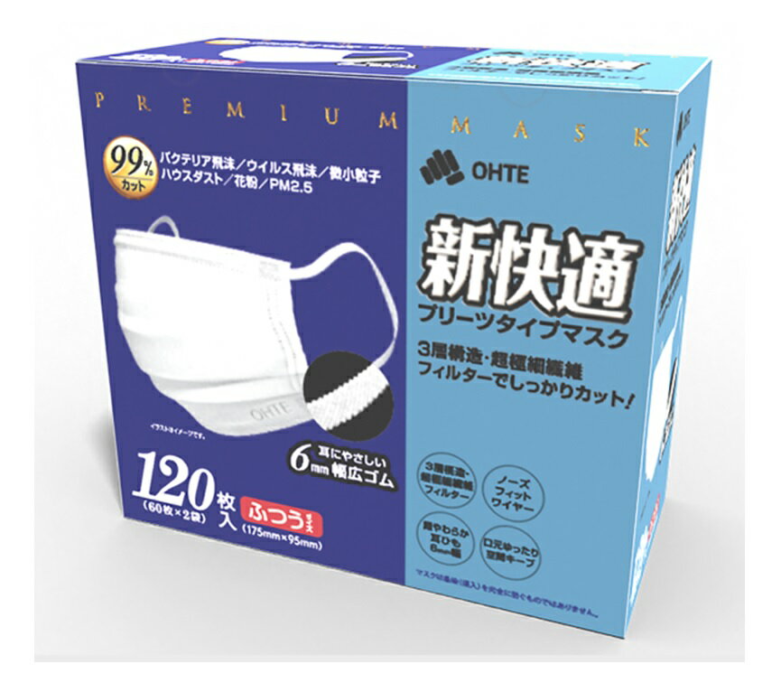 【10箱セット】三国堂 新快適マスク プリーツタイプマスク ふつう ホワイト 120枚入り×10箱セット【正規品】