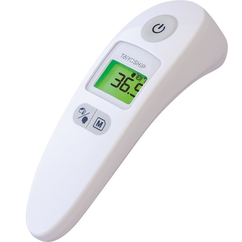 TaiyoSHiP 額ではかる非接触体温計 TO-405 商品説明 『TaiyoSHiP 額ではかる非接触体温計 TO-405』 肌に触れず衛生的に測れる、非接触タイプの体温計 測定時間約2秒。額にかざしてボタンを押すだけでスピーディーに検温。 多彩な機能に2つの測定モード。小さなお子様がいるご家庭に特にオススメです。 体温測定と物体表面温度測定の2つのモード搭載 わきなど身体に直接触れず、測定時間も短いので、赤ちゃんや年配の方にも安定した測定が可能 身体に触れることなく測定できるので、1台で家庭内や会社、店舗で使用できます。 日本の医療機器認証を取得している体温計なので、安心してお使いいただけます。 非接触でバックライト付き、ミュート機能付きなので、就寝中のお子様にも起こさず測定可能 ●安心の国内医療機器認証所得 ●メーカー保証：購入から1年 ●測定時間：約2秒 ●体温測定：34.0℃〜43.0℃ （37.5℃以上で赤色バックライト点灯） 物体表面温度測定：0.1℃〜99.9℃ ●10回分メモリー ●オートパワーオフ ●測定完了のブザー音を消せるミュート機能 ●赤外線(補正温度方式または実測温度方式) ●使用電池(CR2032)×1個（電池寿命 約1,500回） 医療機器認証番号：第303AKBZX00017000号 医療機器分類：　管理医療機器　クラスII 【TaiyoSHiP 額ではかる非接触体温計 TO-405　詳細】 原材料など 商品名 TaiyoSHiP 額ではかる非接触体温計 TO-405 原材料もしくは全成分 本体素材：ABS樹脂 内容量 1個 製造国 中国 販売者 大洋製薬 広告文責 株式会社プログレシブクルー072-265-0007 区分 管理医療機器TaiyoSHiP 額ではかる非接触体温計 TO-405×10個セット