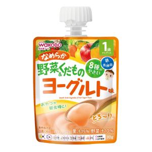 MYジュレドリンク なめらか野菜＆くだものヨーグルト味 70g 商品説明 『MYジュレドリンク なめらか野菜＆くだものヨーグルト味 70g』 1歳からのお子さまが自分で飲みやすい、まるでカップ入りヨーグルトのようになめらかな食感の、野菜汁と果汁が入ったヨーグルト味の飲料です。8種の野菜と3種のくだもの入り。鉄・乳酸菌（殺菌済み）入り。 【MYジュレドリンク なめらか野菜＆くだものヨーグルト味 70g　詳細】 70g当たり エネルギー 42kcal　 たんぱく質 0.63g　 脂質 0g　 炭水化物 9.9g　 食塩相当量 0.094g　 鉄 0.84mg 殺菌乳酸菌粉末 0.2mg 原材料など 商品名 MYジュレドリンク なめらか野菜＆くだものヨーグルト味 70g 原材料もしくは全成分 果実（りんご（アメリカ産）、オレンジ、レモン）、野菜（にんじん、赤ピーマン、アスパラガス、ほうれんそう、キャベツ、ブロッコリー、カリフラワー、かぼちゃ）、糖類（砂糖、果糖ぶどう糖液糖）、脱脂粉乳、殺菌乳酸菌粉末／増粘多糖類、酸味料、安定剤（大豆多糖類）、香料、乳化剤、ピロリン酸第二鉄 販売者 アサヒグループ食品株式会社 お客様相談室 〒150-0022　東京都渋谷区恵比寿南2-4-1 0120-889283 広告文責 株式会社プログレシブクルー072-265-0007 区分 ベビー用品MYジュレドリンク なめらか野菜＆くだものヨーグルト味 70g×20個セット　