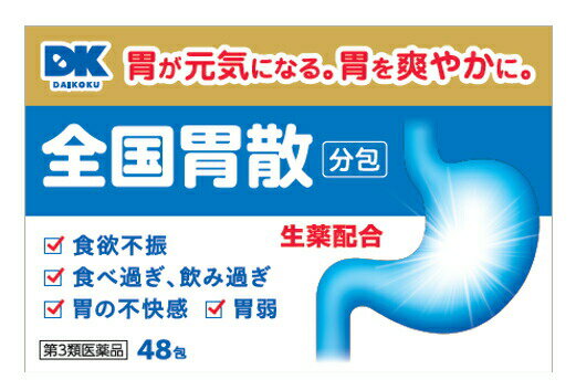 全国胃散 分包(48包) 商品説明 『全国胃散 分包(48包)』 ●食べすぎ・飲みすぎ・胃のもたれに ●制酸薬で胃酸をすばやく中和し、胸やけ、胃酸過多、胃痛などを改善します。 ●芳香性健胃生薬が、胃もたれ、胃痛、食欲不振、むかつきなどを改善します。 ●メントール配合で胃がスーッとします。 ●現代は食生活が非常に豊かになっている反面、胃腸の不調を訴える人が増えてきています。それは生活環境の多様化から生じる様々なストレスにその一因があると考えています。たとえば、脂肪・たんぱく質・アルコール飲料など摂取量が増えていることによる「食」のストレスや複雑な社会環境から生じる「精神」のストレスがその一例です。全国胃散 分包は、そんな現代人に現れやすい胃腸の悩みを解消するためにつくられた胃腸薬です。 ●全国胃散 分包は、自然の生薬の良さを生かしながら制酸剤を配合した、胃にとてもやさしい薬です。胃酸を中和しながら飲み過ぎ、胸やけ、胃のもたれなどの症状にスーッと効いて清涼感とともにすぐれた効果をあらわします。 ●胃酸をすばやく中和する作用に優れ、胃のトラブルを解消します。 ●健胃剤としての効能も大きく期待されます。 ●制酸薬2種、健胃生薬4種から構成されており、効果的な配合が胃の酸度を調整し、胃のはたらきを良好にします。又、苦味健胃生薬のセンブリがより効果を発揮し、胃腸改善が期待されます。 ●大人から8才以上の小人まで安心して飲んでいただける胃薬です。 【全国胃散 分包(48包)　詳細】 1日量（1包1.5g×3）中 炭酸水素ナトリウム 2900mg &nbsp; &nbsp; 炭酸マグネシウム 1000mg ケイヒ末 370mg ウイキョウ末 100mg ショウキョウ末 100mg センブリ末 20mg &nbsp; &nbsp; 添加物としてL-メントールを含みます。 原材料など 商品名 全国胃散 分包(48包) 内容量 48包 販売者 会社名：全国薬品工業 634-0812 奈良県橿原市今井町2丁目1-2 0744-22-6381 保管及び取扱い上の注意 ・直射日光の当たらない湿気の少ない涼しい所に保管してください。 ・小児の手の届かない所に保管してください。 ・1包を分割して服用した残りは、袋の口を折り返して保管し、2日以内に服用してください。 ・期限を過ぎた製品は服用しないでください。 用法・用量 ・次の1回量を1日3回食後に水又はさゆで服用ください。 大人(15才以上)：1包 8才以上-15才未満：1／2包 8才未満：服用しないこと ★用法・用量に関する注意 ・小児に服用させる場合には、保護者の監督のもとに服用させてください。 ・用法・用量を正しく守って、服用してください。 効果・効能 ・食べ過ぎ(過食)、飲み過ぎ(過飲)、胃弱、食欲不振、もたれ(胃もたれ)、胸やけ、消化不良、胃痛、胃酸過多、はきけ(むかつき、胃のむかつき、二日酔・悪酔のむかつき、嘔気、悪心)、嘔吐、胃部不快感、胸つかえ、胃重、げっぷ、胃部・腹部膨満感 ご使用上の注意 ★使用上の注意 ＜相談すること＞ ・次の人は服用前に医師、薬剤師又は登録販売者にご相談ください。 (1)医師の治療を受けている人。 (2)腎臓病の診断を受けた人。 ・2週間位服用しても症状がよくならない場合は服用を中止し、製品の文書を持って医師、薬剤師又は登録販売者に相談してください。 ◆ 医薬品について ◆医薬品は必ず使用上の注意をよく読んだ上で、 それに従い適切に使用して下さい。 ◆購入できる数量について、お薬の種類によりまして販売個数制限を設ける場合があります。 ◆お薬に関するご相談がございましたら、下記へお問い合わせくださいませ。 株式会社プログレシブクルー　072-265-0007 ※平日9:30-17:00 (土・日曜日および年末年始などの祝日を除く） メールでのご相談は コチラ まで 広告文責 株式会社プログレシブクルー072-265-0007 商品に関するお問い合わせ 会社名：全国薬品工業 634-0812 奈良県橿原市今井町2丁目1-2 0744-22-6381 区分 日本製・第3類医薬品 ■医薬品の使用期限 医薬品に関しては特別な表記の無い限り、1年以上の使用期限のものを販売しております。 それ以外のものに関しては使用期限を記載します。医薬品に関する記載事項はこちら全国胃散 分包　48包