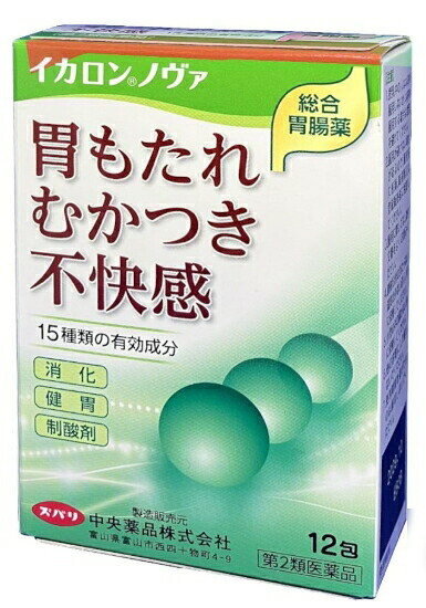 イカロンノヴァ 商品説明 『イカロンノヴァ 』 ■イカロンノヴァの特徴 ○飲みやすい緑色と茶色の2色の細粒で，食べ過ぎ，飲み過ぎ，はきけ（二日酔，悪酔のむかつき）などの不快な症状に素早く効果を発揮します。 ○胆汁分泌促進成分のウルソデオキシコール酸と消化酵素リパーゼAP6の働きで，時間のかかる脂肪の消化を助けます。 〇消化酵素ビオジアスターゼ2000とプロザイムがでんぷん・たんぱく質の消化を助けます。 ○制酸剤と胃粘膜修復剤の配合により，胃をいためる原因の胃酸の働きをおさえ，弱った胃粘膜の修復を早めます。 ○健胃生薬の配合により，胃の不快な症状を改善します。 【イカロンノヴァ 　詳細】 大人1日量3包（1包：1200mg）中 ボレイ末 1000mg グリシン 400mg 酸化マグネシウム 250mg ロートエキス3倍散 90mg 銅クロロフィリンカリウム 50mg アカメガシワ末 200mg ゲンチアナ末 100mg コウジン末 100mg ケイヒ末 300mg チョウジ末 50mg ショウキョウ末 50mg ビオジアスターゼ2000 40mg プロザイム 20mg リパーゼAP6 120mg ウルソデオキシコール酸 60mg 添加物として カルメロース，ヒドロキシプロピルセルロース，結晶セルロース，乳糖水和物，l-メントール，トウモロコシデンプン を含有。 原材料など 商品名 イカロンノヴァ 内容量 12包 販売者 中央薬品株式会社 保管及び取扱い上の注意 （1）直射日光の当たらない湿気の少ない涼しい所に保管してください。 （2）小児の手の届かない所に保管してください。 （3）他の容器に入れ替えないでください。（誤用の原因になったり品質が変化します） （4）1包を分割して残りを服用する場合には，袋の口を折り返して保管し，2日以内に服用してください。 （5）表示の使用期限（ケースに記載）を過ぎたものは服用しないでください。 用法・用量 次の用量を1日3回食後に服用してください。 ［年齢：1回服用量：1日服用回数］ 大人（15歳以上）：1包：3回 11歳以上15歳未満：2／3包：3回 8歳以上11歳未満：1／2包：3回 5歳以上8歳未満：1／3包：3回 5歳未満：服用しないでください （1）小児に服用させる場合には，保護者の指導監督のもとに服用させてください。 （2）定められた用法・用量を厳守してください。 効果・効能 胃酸過多，胸やけ，胃部不快感，胃部・腹部膨満感，もたれ（胃もたれ），胃重，胸つかえ，げっぷ（おくび），吐き気（むかつき，胃のむかつき，二日酔・悪酔いのむかつき，嘔気，悪心），嘔吐，食べ過ぎ（過食），飲み過ぎ（過飲），胃痛，食欲不振（食欲減退），消化不良，胃弱，消化促進 ご使用上の注意 （守らないと現在の症状が悪化したり，副作用が起こりやすくなります）1．本剤を服用している間は，次の医薬品を服用しないでください。 　胃腸鎮痛鎮痙薬 2．授乳中の人は本剤を服用しないか，本剤を服用する場合は授乳を避けてください。（母乳に移行して乳児の脈が速くなることがあります。）1．次の人は服用前に医師，薬剤師又は登録販売者に相談してください。 　（1）医師の治療を受けている人。 　（2）妊婦又は妊娠していると思われる人。 　（3）高齢者。 　（4）薬などによりアレルギー症状を起こしたことがある人。 　（5）次の症状のある人。 　　排尿困難 　（6）次の診断を受けた人。 　　腎臓病，心臓病，緑内障 2．服用後，次の症状があらわれた場合は副作用の可能性があるので，直ちに服用を中止し，この説明書を持って医師，薬剤師又は登録販売者に相談してください。 ［関係部位：症状］ 皮膚：発疹・発赤，かゆみ 　3．服用後，次の症状があらわれることがあるので，このような症状の持続又は増強が見られた場合には，服用を中止し，この説明書を持って医師，薬剤師又は登録販売者に相談してください。 　口のかわき，便秘，下痢 　4．2週間位服用しても症状がよくならない場合は服用を中止し，この説明書を持って医師，薬剤師又は登録販売者に相談してください。その他の注意 母乳が出にくくなることがあります。 ◆ 医薬品について ◆医薬品は必ず使用上の注意をよく読んだ上で、 それに従い適切に使用して下さい。 ◆購入できる数量について、お薬の種類によりまして販売個数制限を設ける場合があります。 ◆お薬に関するご相談がございましたら、下記へお問い合わせくださいませ。 株式会社プログレシブクルー　072-265-0007 ※平日9:30-17:00 (土・日曜日および年末年始などの祝日を除く） メールでのご相談は コチラ まで 広告文責 株式会社プログレシブクルー072-265-0007 商品に関するお問い合わせ お問い合わせ先：中央薬品株式会社　お客様相談窓口 電話番号：076-493-5010 受付時間：9時〜17時（土・日・祝日を除く） 区分 日本製・第2類医薬品 ■医薬品の使用期限 医薬品に関しては特別な表記の無い限り、1年以上の使用期限のものを販売しております。 それ以外のものに関しては使用期限を記載します。医薬品に関する記載事項はこちら【第2類医薬品】イカロン ノヴァ　12包