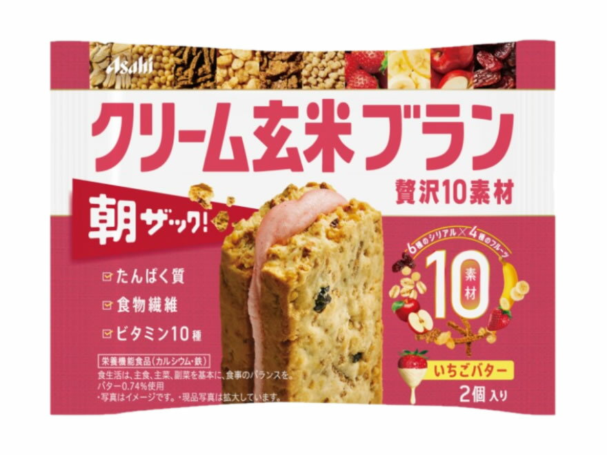 クリーム玄米ブラン 贅沢10素材 いちごバター 商品説明 『クリーム玄米ブラン 贅沢10素材 いちごバター 』 たんぱく質・ビタミン10種※・食物繊維・カルシウム・鉄と、10素材をおいしく手軽に摂れる「贅沢10素材」シリーズ。 6種のシリアル（2種のブラン・小麦パフ・オートミール・玄米フレーク・大豆パフ）×4種のフルーツ（レーズン・バナナ・いちご・りんご）を練り込んだ厚焼き生地に、いちごバタークリームをサンドしました。 くちどけの良いサクサク感と素材のザクザク感が融合したこだわり食感の朝ザック！ 食べ応えのある大型サイズの1個包装。 ※V.A、V.B?、V.B?、V.B?、V.B??、V.D、V.E、ナイアシン、葉酸、パントテン酸 ※ 企画品のため、急きょ製造終了になる場合が御座います。 【クリーム玄米ブラン 贅沢10素材 いちごバター 　詳細】 原材料など 商品名 クリーム玄米ブラン 贅沢10素材 いちごバター 原材料もしくは全成分 小麦粉（国内製造）、ショートニング、砂糖、オールブラン（小麦外皮、砂糖、その他）、全卵、小麦パフ、ブランフレーク、大豆たん白、玄米粉、全粉乳、ぶどう糖、乳糖、レーズン、バナナペースト、バター、オーツ麦、玄米フレーク、大豆パフ、チョコレートコーチング、食塩、苺パウダー、アップル加工品、苺加工品／卵殻Ca、セルロース、膨脹剤、炭酸Mg、酸味料、香料、ピロリン酸第二鉄、乳化剤、ナイアシン、炭酸Ca、酸化防止剤（V.E）、V.E、パントテン酸Ca、V.A、V.B?、V.B?、V.B?、葉酸、V.D、V.B?? 内容量 2個入 販売者 アサヒグループ食品 広告文責 株式会社プログレシブクルー072-265-0007 区分 栄養機能食品クリーム玄米ブラン 贅沢10素材 いちごバター ×5個セット