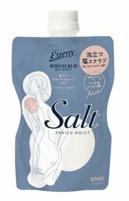 サナ エステニー ソルティスクラブ エンリッチモイスト 商品説明 『サナ エステニー ソルティスクラブ エンリッチモイスト』 ◆もっちり泡立つ塩スクラブで角質ケア！しっとりつるぷり肌に ◆フランス産ロレーヌ岩塩※1配合で、古くなった角質を洗い流して除去 ◆オイル※2 250％※3配合でお肌のうるおいを守り、リッチなしっとり感 ◆コラーゲン※4・ヒアルロン酸※5・ハチミツ配合(すべて保湿) ◆華やぐフローラルムーンの香り ◆毎日のお手入れに やさしくスクラブケア ◆お湯を含ませたボディタオルやスポンジ等に適量をとり軽く泡立てることで、使いやすいマイルドなスクラブに！ ※1 ミネラル塩(スクラブ剤) ※2 ヤシ油(保湿成分) ※3 サナ エステニー ソルティスクラブとの比較において(メーカー内製品比) ※4 サクシノイルアテロコラーゲン ※5 ヒアルロン酸Na サナ エステニー ソルティスクラブ エンリッチモイスト　詳細 原材料など 商品名 サナ エステニー ソルティスクラブ エンリッチモイスト 原材料もしくは全成分 海塩、水、ラウリン酸、コカミドプロピルベタイン、ミネラル塩、ヤシ油、ハチミツ、サクシノイルアテロコラーゲン、ヒアルロン酸Na、グレープフルーツ果実エキス、TEA、アブラナ種子油、エタノール、トコフェロール、ラウレス-4カルボン酸Na、ラウロアンホ酢酸Na、水酸化K、香料 内容量 350g 販売者 常盤薬品工業 化粧品営業部 販売名サナ エステニー ソルティスクラブ エンリッチモイスト ご使用方法 1.お肌をしっかり濡らしてから、適量を気になる部分になじませ、らせんを描きながらやさしくマッサージしてください。(ぬるま湯を少しずつ加えると泡立ちます。) 2.その後、よく洗い流してください。 ★1回分の目安 ・全身でピンポン玉1〜2個大 ご使用上の注意 ・お肌に傷のある場合、しみる事があります。 ・お肌を強くこすり過ぎないように、ご注意ください。 ・傷・はれもの・しっしん等異常のあるときは、お使いにならないでください。 ・使用中、または使用後日光にあたって、赤味・はれ・かゆみ・刺激等の異常があらわれたときは、使用を中止し、皮フ科専門医等にご相談されることをおすすめします。そのまま化粧品類の使用を続けますと悪化することがあります。 ・乳幼児の手の届かないところに保管してください。 ・極端に高温または低温の場所、直射日光のあたる場所には保管しないでください。 ・万一目に入った場合は、すぐに洗い流してください。 ・液が上に浮くことがありますが、製品に異常はありませんのでそのまま混ぜてお使いください。 ・製品の性質により中身が変色することがありますが、品質には問題ありません。 ・使用後は必ずキャップを閉めてください。 原産国 日本 広告文責 株式会社プログレシブクルー072-265-0007 区分 化粧品サナ エステニー ソルティスクラブ エンリッチモイスト(350g)×3個セット
