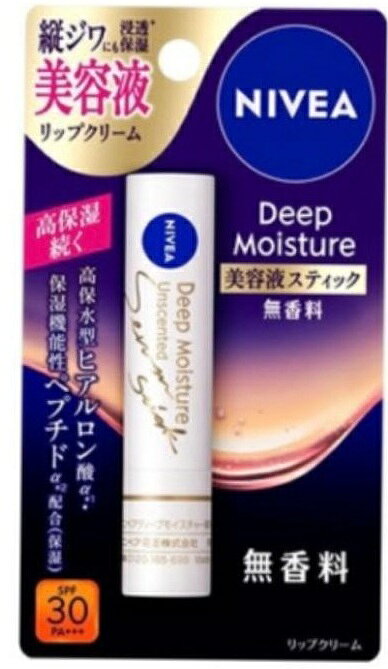 ニベア ディープモイスチャーリップ 美容液スティック 無香料 商品説明 『ニベア ディープモイスチャーリップ 美容液スティック 無香料 』 SPF30・PA+++ 唇の縦ジワにも浸透*1して密着し、ふっくらハリのある唇に導く美容液リップクリームです。 柔らかく濃厚な美容液リップクリームが縦ジワにもとけこむように浸透*1、高い保湿効果が続きます。 ●美容液成分配合(保湿)：高保水型ヒアルロン酸α*2、保湿機能性ペプチドα*3 ●保湿成分（はちみつ、ローヤルゼリーエキス、グリセリン）配合 ●紫外線から唇を守ります。UVカット成分配合（SPF30 PA+++） 　紫外線防止効果を保つために、こまめに塗り直してください。 *1 角層まで *2 加水分解ヒアルロン酸アルキル(C12-13)グリセリル、アミノ酸系保水成分*4(保湿) *3 アセチルヘキサペプチド-8、アミノ酸系保水成分*4(保湿) *4 ラウロイルグルタミン酸ジ(フィトステリル／オクチルドデシル) 【ニベア ディープモイスチャーリップ 美容液スティック 無香料 　詳細】 原材料など 商品名 ニベア ディープモイスチャーリップ 美容液スティック 無香料 販売者 花王株式会社 0120-165-699 広告文責 株式会社プログレシブクルー072-265-0007 区分 化粧品ニベア ディープモイスチャーリップ 美容液スティック 無香料×20個セット 　