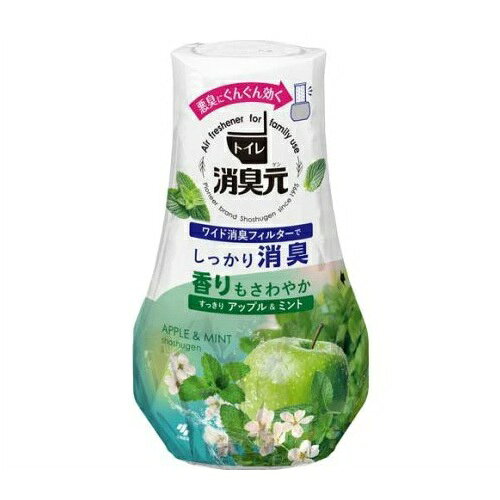 小林製薬 トイレの消臭元 置き型 すっきりアップル＆ミント 商品説明 『小林製薬 トイレの消臭元 置き型 すっきりアップル＆ミント』 ◆デコボコ加工の「ワイド消臭フィルター」が悪臭をキャッチ！イヤなニオイをしっかり消臭します。 ◆フルーティなアップルとすっきりしたミントを合わせた、そよ風のようなさわやかさと清潔感をイメージした香り。 ◆シャバシャバで香りリフレッシュ。 ◆消臭フィルターを引き上げ、好きな強さに香り調節。 ◆大容量400mLで効果長持ち。最後の一滴まで残さず効く。 ◆再生樹脂を使用した容器。 ※パッケージデザイン・内容量等は予告なく変更されることがあります。 小林製薬 トイレの消臭元 置き型 すっきりアップル＆ミント　詳細 原材料など 商品名 小林製薬 トイレの消臭元 置き型 すっきりアップル＆ミント 原材料もしくは全成分 アミノ酸系消臭剤、香料、界面活性剤(非イオン、陰イオン)、色素 内容量 400ml 販売者 小林製薬 ご使用方法 (1)ミシン目にそってはがす (2)外キャップを後ろにたおしてはずす (3)反時計まわりにまわす (4)平らな場所に置きゆっくり引き上げる (5)外キャップをしっかり閉める ★使用期間 ・約1.5ヶ月〜3ヶ月間(消臭フィルターの引き上げ高さと使用環境により異なります) ご使用上の注意 ★使用上の注意 ・本品は飲めない。 ・小児、認知症の方などの誤飲に注意する。 ・小児、認知症の方などの手の届くところには置かない。 ・安定した場所に置き、倒れたまま放置しない。 ・外キャップだけで本品を持ち上げない。 ・液がこぼれるので横・斜めにしない。 ・液がつくとシミや変色、変形の原因となる場合があるので、すぐに拭き取る。 ・用途以外に使用しない。 ・直射日光のあたる所、高温の場所に置かない。変色・変質することがある。 ★応急処置 ・液体が目に入った場合は、すぐに流水で洗い流す。 ・消臭フィルターの調節時や分別廃棄の際、液体が手についた場合はよく洗う。 ・飲んだ場合は、吐かせずにコップ1〜2杯の水を飲ませる。 ・気分が悪くなったときは、使用を中止する。 ・異常がある場合は本品を持参し、医師に相談する。 原産国 日本 広告文責 株式会社プログレシブクルー072-265-0007 区分 日用品小林製薬 トイレの消臭元 置き型 すっきりアップル＆ミント　400ml×5個セット