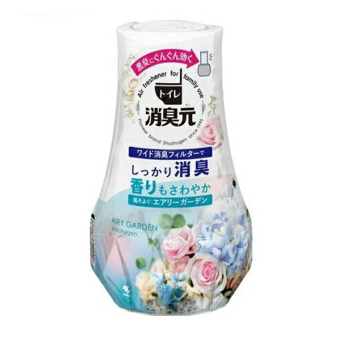 小林製薬 トイレの消臭元 置き型 風そよぐエアリーガーデン 商品説明 『小林製薬 トイレの消臭元 置き型 風そよぐエアリーガーデン』 ◆デコボコ加工の「ワイド消臭フィルター」が悪臭をキャッチ！イヤなニオイをしっかり消臭します。 ◆みずみずしいベルガモットやアプリコットなどのフルーツと華やかなフリージアが調和した、フローラルフルーティ調の香り。 ◆シャバシャバで香りリフレッシュ。 ◆消臭フィルターを引き上げ、好きな強さに香り調節。 ◆大容量400mLで効果長持ち。最後の一滴まで残さず効く。 ◆再生樹脂を使用した容器。 ※パッケージデザイン・内容量等は予告なく変更されることがあります。 小林製薬 トイレの消臭元 置き型 風そよぐエアリーガーデン　詳細 原材料など 商品名 小林製薬 トイレの消臭元 置き型 風そよぐエアリーガーデン 原材料もしくは全成分 アミノ酸系消臭剤、香料、界面活性剤(非イオン、陰イオン) 内容量 400ml 販売者 小林製薬 ご使用方法 (1)ミシン目にそってはがす (2)外キャップを後ろにたおしてはずす (3)反時計まわりにまわす (4)平らな場所に置きゆっくり引き上げる (5)外キャップをしっかり閉める ★使用期間 ・約1.5ヶ月〜3ヶ月間(消臭フィルターの引き上げ高さと使用環境により異なります) ご使用上の注意 ★使用上の注意 ・本品は飲めない。 ・小児、認知症の方などの誤飲に注意する。 ・小児、認知症の方などの手の届くところには置かない。 ・安定した場所に置き、倒れたまま放置しない。 ・外キャップだけで本品を持ち上げない。 ・液がこぼれるので横・斜めにしない。 ・液がつくとシミや変色、変形の原因となる場合があるので、すぐに拭き取る。 ・用途以外に使用しない。 ・直射日光のあたる所、高温の場所に置かない。変色・変質することがある。 ★応急処置 ・液体が目に入った場合は、すぐに流水で洗い流す。 ・消臭フィルターの調節時や分別廃棄の際、液体が手についた場合はよく洗う。 ・飲んだ場合は、吐かせずにコップ1〜2杯の水を飲ませる。 ・気分が悪くなったときは、使用を中止する。 ・異常がある場合は本品を持参し、医師に相談する。 原産国 日本 広告文責 株式会社プログレシブクルー072-265-0007 区分 日用品小林製薬 トイレの消臭元 置き型 風そよぐエアリーガーデン　400ml