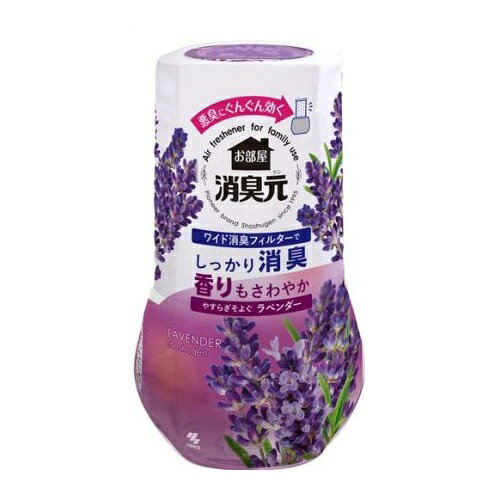 小林製薬 お部屋の消臭元 置き型 やすらぎそよぐラベンダー 商品説明 『小林製薬 お部屋の消臭元 置き型 やすらぎそよぐラベンダー』 ◆デコボコ加工の「ワイド消臭フィルター」が悪臭をキャッチ！イヤなニオイをしっかり消臭します。 ◆摘みたての上質なラベンダーを中心にさわやかなグリーンを重ね、大地の自然の恵みを表現したナチュラル感のある香り。 ◆シャバシャバで香りリフレッシュ。 ◆消臭フィルターを引き上げ、好きな強さに香り調節。 ◆大容量400mLで効果長持ち。最後の一滴まで残さず効く。 ◆再生樹脂を使用した容器。 ※パッケージデザイン・内容量等は予告なく変更されることがあります。 小林製薬 お部屋の消臭元 置き型 やすらぎそよぐラベンダー　詳細 原材料など 商品名 小林製薬 お部屋の消臭元 置き型 やすらぎそよぐラベンダー 原材料もしくは全成分 アミノ酸系消臭剤、香料、界面活性剤(非イオン、陰イオン)、色素 内容量 400ml 販売者 小林製薬 ご使用方法 (1)ミシン目にそってはがす (2)外キャップを後ろにたおしてはずす (3)反時計まわりにまわす (4)平らな場所に置きゆっくり引き上げる (5)外キャップをしっかり閉める ★使用期間 ・約1.5ヶ月〜3ヶ月間(消臭フィルターの引き上げ高さと使用環境により異なります) ご使用上の注意 ★使用上の注意 ・本品は飲めない。 ・小児、認知症の方などの誤飲に注意する。 ・小児、認知症の方などの手の届くところには置かない。 ・安定した場所に置き、倒れたまま放置しない。 ・外キャップだけで本品を持ち上げない。 ・液がこぼれるので横・斜めにしない。 ・液がつくとシミや変色、変形の原因となる場合があるので、すぐに拭き取る。 ・用途以外に使用しない。 ・直射日光のあたる所、高温の場所に置かない。変色・変質することがある。 ★応急処置 ・液体が目に入った場合は、すぐに流水で洗い流す。 ・消臭フィルターの調節時や分別廃棄の際、液体が手についた場合はよく洗う。 ・飲んだ場合は、吐かせずにコップ1〜2杯の水を飲ませる。 ・気分が悪くなったときは、使用を中止する。 ・異常がある場合は本品を持参し、医師に相談する。 原産国 日本 広告文責 株式会社プログレシブクルー072-265-0007 区分 日用品小林製薬 お部屋の消臭元 置き型 やすらぎそよぐラベンダー　400ml×3個セット