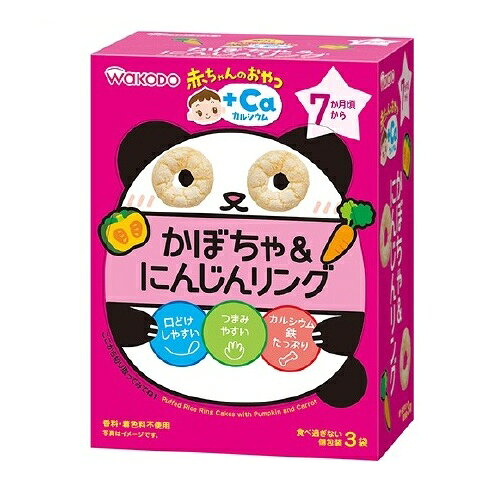 アサヒ 和光堂 赤ちゃんのおやつ+Ca かぼちゃ＆にんじんリング 7か月ころから 商品説明 『アサヒ 和光堂 赤ちゃんのおやつ+Ca かぼちゃ＆にんじんリング 7か月ころから』 ●国産米にかぼちゃとにんじんを加えた、口どけしやすいノンフライスナックです。 ●口どけしやすくするための、だ液がしみこみやすい空気の層やくぼみつき ●手づかみ食べにもピッタリな赤ちゃんが持ちやすい大きさ形状 ●育ちざかりの赤ちゃんに必要なカルシウムや鉄入り ●食べ過ぎの心配がない個包装で、お出かけにも便利 ●香料、着色料、保存料不使用 ※パッケージデザイン・内容量等は予告なく変更されることがあります。 【アサヒ 和光堂 赤ちゃんのおやつ+Ca かぼちゃ＆にんじんリング 7か月ころから　詳細】 栄養成分表示　1袋(4g)あたり エネルギー 16KcaL たんぱく質 0.3g 脂質 0〜0.1g 炭水化物 3.5g 食塩相当量 0.01g カルシウム 10mg 鉄 1.0mg 原材料など 商品名 アサヒ 和光堂 赤ちゃんのおやつ+Ca かぼちゃ＆にんじんリング 7か月ころから 原材料もしくは全成分 うるち米(国産)、砂糖、野菜パウダー(かぼちゃ、にんじん)、植物油脂、食塩、DHA含有精製魚油／炭酸カルシウム、ピロリン酸鉄 内容量 4g×3袋 原産国 日本 販売者 アサヒグループ食品株式会社 0120‐889283 受付時間9：00〜17：00（土・日・祝日を除く） ご使用上の注意 ・お子様が一度に頬張らず、じゅうぶんにかみくだいて、上手に飲みこみ終るまで、必ず見守っていてあげてください。 ・間食一食に対し、一袋にしましょう。 ・食べているときや、食べ終わった後はお茶などをあげましょう。 ・月齢は目安です。お子様の食べている様子を見て、あげてください。 ・黒い粒が見られますが、原材料の一部ですので安心してお召し上がりください。 ・湿気を嫌いますので、開封後はなるべくお早めにお召し上がりください。 アレルゲン 卵、乳 広告文責 株式会社プログレシブクルー072-265-0007 区分 ベビーフードアサヒ 和光堂 赤ちゃんのおやつ+Ca かぼちゃ＆にんじんリング 7か月ころから　4g×3袋×10個セット