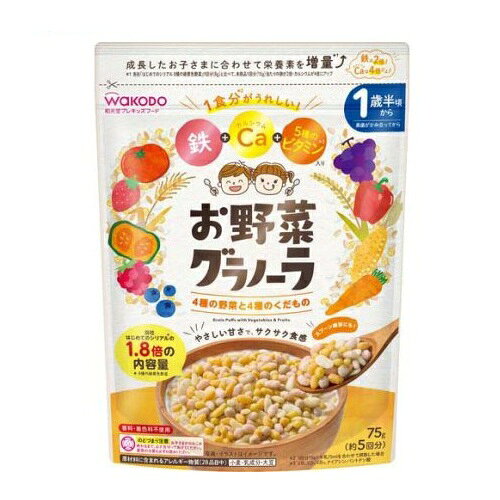 アサヒ 和光堂 お野菜グラノーラ 4種の野菜と4種のくだもの 商品説明 『アサヒ 和光堂 お野菜グラノーラ 4種の野菜と4種のくだもの』 ◆親の意向の高い野菜やくだものを使用したい12種のいろいろ素材のグラノーラです。 ◆4種の野菜と4種のくだもの、4種の穀物入り。 ◆一度に手軽にバリエーション豊かな素材を食べさせることができます。 ◆牛乳75mlと一緒に食べることで、鉄・カルシウム・5種(※1)のビタミンが1食分(※2)摂れ、イヤイヤ期や偏食に悩むママ・パパをサポートする栄養設計です。 ◆メーカー「はじめてのシリアル」1歳品に比べて、内容量は1.8倍、鉄は2倍・Caは4倍に増量、成長に合わせてステップアップできます。 ◆シリアルの甘さが不安なママ・パパも安心してあげられる、お子さまに配慮したやさしい甘さです。またサクサク食感でお子さまも食べやすいです。 ※1 V.B2、V.B6、V.B12、ナイアシン、パントテン酸 ※2「日本人の食事摂取基準(2025年版)」1〜2歳をもとに1日3回食として1食あたりを算出 アサヒ 和光堂 お野菜グラノーラ 4種の野菜と4種のくだもの　詳細 栄養成分　1食分(15g)当たり エネルギー 66kcal たんぱく質 0.77g 脂質 1.7g 炭水化物 12g 食塩相当量 0.03〜0.08g ビタミンB2 0.18〜0.7mg ビタミンB6 0.2〜0.8mg ビタミンB12 0.8〜2.4μg ナイアシン 1.6〜6.8mg パントテン酸 0.67〜2.9mg カルシウム 170mg 鉄 2.2mg 原材料など 商品名 アサヒ 和光堂 お野菜グラノーラ 4種の野菜と4種のくだもの 原材料もしくは全成分 米パフ(米粉、砂糖、モルトエキス、食塩)(国内製造)、砂糖混合ぶどう糖果糖液糖、コーンパフ(コーングリッツ、でん粉、砂糖)、ブルーベリー・ぶどう・ラズベリー・いちごパフ(米粉、オーツ麦粉、水溶性食物繊維、砂糖、ブルーベリー果汁粉末、ぶどう果汁粉末、ラズベリー果汁粉末、いちご果汁粉末)、ショートニング、にんじん・トマト・かぼちゃ・パプリカパフ(米粉、オーツ麦粉、水溶性食物繊維、にんじん粉末、砂糖、トマト粉末、かぼちゃ粉末、パプリカ粉末)、水あめ、小麦全粒粉、ライ麦パフ(ライ麦粉、小麦ふすま、砂糖、食塩)、玄米パフ(玄米粉、米粉)／炭酸Ca、加工でん粉、乳化剤、V.C、ピロリン酸鉄、膨脹剤、酸化防止剤(V.E)、ナイアシン、パントテン酸Ca、V.B6、V.B2、V.B1、V.B12、(一部に小麦・乳成分・大豆を含む) 保存方法 ・直射日光、高温多湿を避け常温で保存してください。 内容量 75g 販売者 アサヒグループ食品 ご使用方法 ★必ずお読みください ・お子さまが一度に頬張らず、上手にのみこみ終わるまで、必ず見守ってあげてください。 ・パフが結着して大きな塊になることがあります。ほぐしてあげてください。 ・砂糖の塊ができることがありますが、品質には問題ございません。 ・むせたり飲み込みづらい場合には、牛乳やヨーグルトに浸してあげてください。 ・食べている時や、食べ終わった後はお茶などをあげましょう。 ・月齢は目安です。お子さまの食べる様子をみて、あげてください。 ・食べ残しや作りおきはあげないでください。 ・開封後は吸湿を防ぐためチャックを閉じて密閉し、お早めにお召し上がりください。 ・原料の野菜は、季節により多少色や風味が異なることがありますが、品質には問題ありません。 ・製品の特性上、割れや欠けが含まれている場合があります。 ・黒や褐色の粒がみられますが、原料の一部です。 品名・名称 朝食シリアル(グラノーラ) アレルギー物質 小麦、乳成分、大豆 原産国 日本 広告文責 株式会社プログレシブクルー072-265-0007 区分 ベビーフードアサヒ 和光堂 お野菜グラノーラ 4種の野菜と4種のくだもの　75g×20個セット