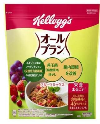 ケロッグ　オールブラン フルーツミックス 商品説明 『ケロッグ　オールブラン フルーツミックス』 ◆食物繊維たっぷりの小麦ブランシリアル。 ◆ざくざく食感の食べやすいフレークに発酵性食物繊維を豊富に含むファイバースティックをプラス。 ◆ドライフルーツ入り。 ◆発酵性食物繊維※1(※1 小麦ブラン由来アラビノキシラン)が腸内の善玉菌を増やし、腸内環境を整えます。 ◆1食(60g)で1日に必要な食物繊維の45％※2が摂れます。 ※1 機能性表示食品：K666 機能性関与成分：小麦ブラン由来アラビノキシラン 2.1g／60gあたり ※2 日本人の食事摂取基準(2025年版)目標量(女性15〜74歳)を1日分として ケロッグ　オールブラン フルーツミックス　詳細 原材料など 商品名 ケロッグ　オールブラン フルーツミックス 原材料もしくは全成分 精米(アメリカ、タイ)、全粒小麦、砂糖、小麦ブラン、ファイバースティック(小麦ブラン、砂糖、麦芽エキス、食塩)、ぶどう糖果糖液糖、クランベリー加工品(クランベリー、砂糖、植物油脂)、水溶性食物繊維、レーズン加工品(レーズン、植物油脂)、食塩、麦芽エキス、イチゴ加工品(イチゴ、植物油脂)、糖蜜／グリセリン、ビタミンC、鉄、ナイアシン、ビタミンB2、ビタミンB1、ビタミンA、ビタミンD、酸化防止剤(ビタミンE) 保存方法 高温多湿の場所をさけて保存してください。 内容量 260g 販売者 日本ケロッグ 保健機能食品表示 届出表示：本品には小麦ブラン由来アラビノキシランが含まれます。小麦ブラン由来アラビノキシランは、発酵性の食物繊維で、善玉菌とよばれる腸内の酪酸菌を増やし、酪酸を増加させることにより、腸内環境を改善することが報告されています。また、小麦ブラン由来アラビノキシランはお腹の調子を整え便通を改善することが報告されています。 1日あたりの摂取目安量 60g ご使用方法 ★一日当たりの摂取目安量：60g ・そのまま、または、牛乳、ヨーグルト、豆乳などをかけてお召し上がりください。 ・一日当たりの摂取目安量をお守りください。 品名・名称 朝食シリアル アレルギー物質 小麦 ご使用上の注意 ・本品は、特定保健用食品と異なり、機能性及び安全性について国による評価を受けたものではありません。届け出られた科学的根拠等の情報は消費者庁のウェブサイトで確認できます。 ・食べ過ぎにより、一過性におなかがゆるくなることがあります。本品は多量摂取により疾病が治癒したり、より健康が増進するものではありません。一日当たりの摂取目安量をお守りください。 ・医薬品ではありません。 ・本品は、疾病に罹患している者、未成年者、妊産婦(妊娠を計画している者を含む。)及び授乳婦を対象に開発された食品ではありません。 ・疾病に罹患している者は医師に、医薬品を服用している者は医師、薬剤師に摂取について相談してください。 ・体調に異変を感じた際は、速やかに摂取を中止し、医師に相談してください。 ・開封後はチャックを閉め、湿気をさけて保管の上、お早めにお召し上がりください。 原産国 日本 広告文責 株式会社プログレシブクルー072-265-0007 区分 機能性表示食品(K666)ケロッグ　オールブラン フルーツミックス(260g)×10個セット