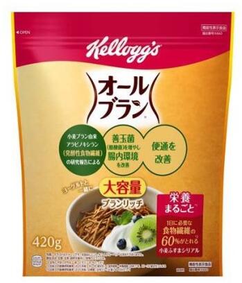 ケロッグ　オールブラン ブランリッチ 大容量 商品説明 『ケロッグ　オールブラン ブランリッチ 大容量』 ◆食物繊維たっぷりの小麦ブランのシリアル。 ◆発酵性食物繊維※1(※1 小麦ブラン由来アラビノキシラン)が、善玉菌を増やし、腸内環境を改善します。 ◆発酵性食物繊維を豊富に含むファイバースティック形状。 ◆1食(40g)で1日に必要な食物繊維の60％※2がとれます。 ※1 機能性表示食品：K660 機能性関与成分：小麦ブラン由来アラビノキシラン4.4g／40gあたり ※2 日本人の食事摂取基準(2025年版)目標量(女性15〜74歳)を1日分として ケロッグ　オールブラン ブランリッチ 大容量　詳細 原材料など 商品名 ケロッグ　オールブラン ブランリッチ 大容量 原材料もしくは全成分 小麦ブラン、砂糖、麦芽エキス、食塩 ／ ナイアシン、鉄、ビタミンB2、ビタミンB1 保存方法 高温多湿の場所をさけて保存してください。 内容量 420g 販売者 日本ケロッグ 保健機能食品表示 届出表示：本品には小麦ブラン由来アラビノキシランが含まれます。小麦ブラン由来アラビノキシランは、発酵性の食物繊維で、善玉菌とよばれる腸内の酪酸菌を増やし、酪酸を増加させることにより、腸内環境を改善することが報告されています。また、小麦ブラン由来アラビノキシランはお腹の調子を整え便通を改善することが報告されています。 1日あたりの摂取目安量 40g ご使用方法 ★一日当たりの摂取目安量：40g ・そのまま、または、牛乳、ヨーグルト、豆乳などをかけてお召し上がりください。 ・一日当たりの摂取目安量をお守りください。 品名・名称 朝食シリアル アレルギー物質 小麦 ご使用上の注意 ・本品は、特定保健用食品と異なり、機能性及び安全性について国による評価を受けたものではありません。届け出られた科学的根拠等の情報は消費者庁のウェブサイトで確認できます。 ・食べ過ぎにより、一過性におなかがゆるくなることがあります。本品は多量摂取により疾病が治癒したり、より健康が増進するものではありません。一日当たりの摂取目安量をお守りください。 ・医薬品ではありません。 ・本品は、疾病に罹患している者、未成年者、妊産婦(妊娠を計画している者を含む。)及び授乳婦を対象に開発された食品ではありません。 ・疾病に罹患している者は医師に、医薬品を服用している者は医師、薬剤師に摂取について相談してください。 ・体調に異変を感じた際は、速やかに摂取を中止し、医師に相談してください。 ・開封後はチャックを閉め、湿気をさけて保管の上、お早めにお召し上がりください。 ・フルーツ、種の量は、袋によりばらつくことがあります。 ・フルーツが褐色になる場合がありますが、品質には問題ありません。 ・製品中に、かたい部分がある場合があり、お口の中を傷める可能性がございますのでご注意ください。 原産国 日本 広告文責 株式会社プログレシブクルー072-265-0007 区分 機能性表示食品(K660)ケロッグ　オールブラン ブランリッチ 大容量(420g)