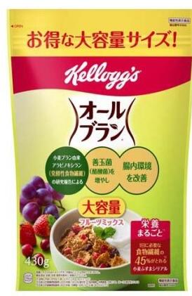ケロッグ　オールブラン フルーツミックス 大容量 商品説明 『ケロッグ　オールブラン フルーツミックス 大容量』 ◆食物繊維たっぷりの小麦ブランシリアル。 ◆ざくざく食感の食べやすいフレークに発酵性食物繊維を豊富に含むファイバースティックをプラス。ドライフルーツ入り。 ◆発酵性食物繊維※1(※1 小麦ブラン由来アラビノキシラン)が、善玉菌を増やし、腸内環境をサポートします。 ◆1食(60g)で1日に必要な食物繊維の45％※2がとれます。 ※1 機能性表示食品：K666 機能性関与成分：小麦ブラン由来アラビノキシラン 2.1g／60gあたり ※2 日本人の食事摂取基準(2025年版)目標量(女性15〜74歳)を1日分として ケロッグ　オールブラン フルーツミックス 大容量　詳細 原材料など 商品名 ケロッグ　オールブラン フルーツミックス 大容量 原材料もしくは全成分 精米(アメリカ、タイ)、全粒小麦、砂糖、小麦ブラン、ファイバースティック(小麦ブラン、砂糖、麦芽エキス、食塩)、ぶどう糖果糖液糖、クランベリー加工品(クランベリー、砂糖、植物油脂)、水溶性食物繊維、レーズン加工品(レーズン、植物油脂)、食塩、麦芽エキス、イチゴ加工品(イチゴ、植物油脂)、糖蜜／グリセリン、ビタミンC、鉄、ナイアシン、ビタミンB2、ビタミンB1、ビタミンA、ビタミンD、酸化防止剤(ビタミンE) 保存方法 高温多湿の場所をさけて保存してください。 内容量 430g 販売者 日本ケロッグ 保健機能食品表示 届出表示：本品には小麦ブラン由来アラビノキシランが含まれます。小麦ブラン由来アラビノキシランは、発酵性の食物繊維で、善玉菌とよばれる腸内の酪酸菌を増やし、酪酸を増加させることにより、腸内環境を改善することが報告されています。また、小麦ブラン由来アラビノキシランはお腹の調子を整え便通を改善することが報告されています。 1日あたりの摂取目安量 60g ご使用方法 ★一日当たりの摂取目安量：60g ・そのまま、または、牛乳、ヨーグルト、豆乳などをかけてお召し上がりください。 ・一日当たりの摂取目安量をお守りください。 品名・名称 朝食シリアル アレルギー物質 小麦 ご使用上の注意 ・本品は、特定保健用食品と異なり、機能性及び安全性について国による評価を受けたものではありません。届け出られた科学的根拠等の情報は消費者庁のウェブサイトで確認できます。 ・食べ過ぎにより、一過性におなかがゆるくなることがあります。本品は多量摂取により疾病が治癒したり、より健康が増進するものではありません。一日当たりの摂取目安量をお守りください。 ・医薬品ではありません。 ・本品は、疾病に罹患している者、未成年者、妊産婦(妊娠を計画している者を含む。)及び授乳婦を対象に開発された食品ではありません。 ・疾病に罹患している者は医師に、医薬品を服用している者は医師、薬剤師に摂取について相談してください。 ・体調に異変を感じた際は、速やかに摂取を中止し、医師に相談してください。 ・開封後はチャックを閉め、湿気をさけて保管の上、お早めにお召し上がりください。 原産国 日本 広告文責 株式会社プログレシブクルー072-265-0007 区分 機能性表示食品(K666)ケロッグ　オールブラン フルーツミックス 大容量(430g)