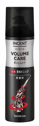 インセント 薬用育毛トニック ボリュームケア 商品説明 『インセント 薬用育毛トニック ボリュームケア』 ◆生薬のチカラで毛根からボリュームUP ◆太く長くボリューム感のある髪へ ◆4つの有効成分が血行促進、毛根を活性化、抜け毛予防＆育毛 ◆メントール※1と炭酸ガス※2配合。爽快な使い心地 ◆トウガラシエキス、ニンジンエキス、ボタンピエキス(保湿成分)配合 ◆液だれせず、生え際や気になる部分にとどまって効く、爽快直噴ジェットタイプ ◆無香料・無着色・ノンパラベン・ノンシリコン ◆エアゾールタイプ ※1有効成分、※2噴射剤 インセント 薬用育毛トニック ボリュームケア　詳細 原材料など 商品名 インセント 薬用育毛トニック ボリュームケア 原材料もしくは全成分 ＜有効成分＞ ショウキョウエキス、センブリエキス、酢酸トコフェロール、メントール ＜その他の成分＞ DME、無水エタノール、トウガラシエキス、ニンジンエキス、牡丹エキス、スペアミント油、二酸化炭素、エタノール、BG、DIPA、エデト酸塩、粘度調整剤 内容量 190g 販売者 バスクリン 販売名インセントスプレーA(a) 効能 効果 育毛、薄毛、脱毛の予防、毛生促進、発毛促進、ふけ、養毛、かゆみ ご使用方法 ・ノズルの向きを確かめ、頭皮に適量を直接スプレーし、よくなじませながらマッサージしてください。 ・整髪時や洗髪後(タオルドライ後)など1日2回(朝・晩)程度、毎日使用することをおすすめします。 よく振って、缶の頭部を必ず上にしてお使いください。下向きで使うと、ガスだけが出て最後まで使用できないことがあります。 ご使用上の注意 ＜ご注意＞ ・メントール等の冷感刺激に弱い方は使用しない。 ・傷・湿しん等異常のある部位には、使用しない。 ・頭皮に異常が生じていないかよく注意して使用する。使用中、赤み・はれ・かゆみ・刺激・色抜け(白斑等)や黒ずみ等の異常が現れた場合、また日光が当たって同じような異常が現れた場合は使用を中止し、皮フ科医へ相談する。使用を続けると症状が悪化することがある。 ・目に入らないよう注意し、目に入った場合は、こすらず、すぐに水又はぬるま湯で充分に洗い流す。 ・まぶたの周囲、粘膜等に噴射しない。 ・同じ箇所に連続して3秒以上噴射しない。 ・乳幼児の手の届く所に置かない。 ガス抜きキャップ付き(ガス抜きの注意事項と方法) ・中身を使い切ってから、火気のない屋外で行う。 ・本品のキャップ以外は使用しない。 (1)スプレーボタンを取りはずす。 (2)缶を逆さにして、キャップの中央の穴にノズルを強く押し込む。 (3)噴射音が完全に消えてから、市町村等で定められた方法により廃棄する。 火気と高温に注意 高圧ガスを使用した可燃性の製品であり、危険なため、下記の注意を守ること。 1.炎や火気の近くで使用しないこと。2.火気を使用している室内で大量に使用しないこと。3.高温にすると破裂の危険があるため、直射日光の当たる所やストーブ、ファンヒーターの近くなど温度が40度以上となる所に置かないこと。4.火の中に入れないこと。5.使い切って捨てること。 高圧ガス：DME、炭酸ガス 原産国 日本 広告文責 株式会社プログレシブクルー072-265-0007 区分 医薬部外品インセント 薬用育毛トニック ボリュームケア(190g)×5個セット