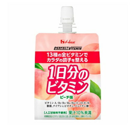 ハウス パーフェクトビタミン 1日分のビタミンゼリー 食物繊維 ピーチ味 商品説明 『ハウス パーフェクトビタミン 1日分のビタミンゼリー 食物繊維 ピーチ味』 1日分のビタミン全13種類と食物繊維4gを配合したピーチ味のゼリー飲料。 生活が不規則で食事が偏りがちな時に飲むことで、手軽にビタミン全13種類と食物繊維を補給することができ、カラダの調子を整え健康的な生活を送ることができます。 みずみずしいゼリーの食感にピーチの甘みと香りが味わえます。 【ハウス パーフェクトビタミン 1日分のビタミンゼリー 食物繊維 ピーチ味　詳細】 栄養成分表示 1袋(180g)当たり エネルギー 110kcal たんぱく質 0g 脂質 0g 炭水化物 31g 食塩相当量 0.25g ビタミンA 770μg ビタミンB1 1.2〜2.8mg ビタミンB2 1.4mg ビタミンB6 1.3mg ビタミンB12 2.4〜11.7μg ビタミンC 100〜300mg ビタミンD 5.5μg ビタミンE 6.3mg ビタミンK 150μg ナイアシン 13mg パントテン酸 4.8〜27.7mg 葉酸 240〜710μg ビオチン 50μg 原材料など 商品名 ハウス パーフェクトビタミン 1日分のビタミンゼリー 食物繊維 ピーチ味 原材料もしくは全成分 原材料 糖類(砂糖(国内製造)、果糖ぶどう糖液糖)、もも果汁、難消化性デキストリン、植物油脂パウダー、食塩／酸味料、ゲル化剤(増粘多糖類)、乳酸カルシウム、V.C、塩化カリウム、香料、パントテン酸Ca、ナイアシン、V.E、V.B1、V.B2、V.A、V.B6、葉酸、V.K、ビオチン、V.D、V.B12 内容量 180g×6個入 保存方法 高温、直射日光を避けて保存してください。 製造国 日本 販売者 ハウスウエルネスフーズ株式会社　お客様相談センター 電話：0120-80-9924 受付時間：平日9時-17時 ご使用方法 1日当たり1袋を目安にお飲みください。 ご使用上の注意 ビタミンAを含みますので妊娠3ヶ月以内又は妊娠を希望する女性は過剰摂取にならないよう注意してください。 ビタミンKを含みますので血液凝固阻止薬を服用している方は本品の摂取を避けてください。 本品は、多量摂取により疾病が治癒したり、より健康が増進するものではありません。1日の摂取目安量を守ってください。 本品は、特定保健用食品と異なり、消費者庁長官による個別審査を受けたものではありません。 薬を服用あるいは通院中の方はお医者様にご相談の上お召し上がりください。 乳幼児は摂取をお控えください。 開封後は、早めにお召しあがりください。 凍結・高温により食感が変わったり、水分が分離することがあります。 成分がキャップ裏に付着したり、日数の経過により液色が変わることがありますが、品質には問題ありません。 広告文責 株式会社プログレシブクルー072-265-0007 区分 健康食品ハウス パーフェクトビタミン 1日分のビタミンゼリー 食物繊維 ピーチ味　180g×6個入×10個セット