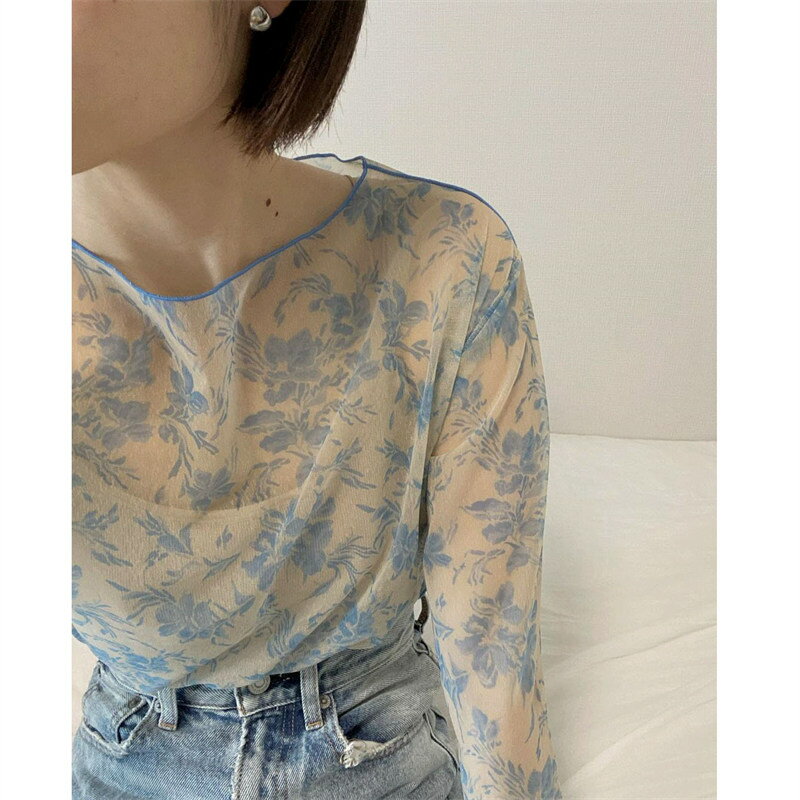 花柄 シアー カットソー レディース トップス 長袖 チュール