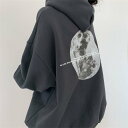 裏起毛 フード付き パーカー レディース トップス 長袖 ゆったり パフスリーブ バルーン袖 カジュアル ムーンモチーフ バックプリント ビッグフーディー 通学 冬 暖かい 可愛い ブラック グレー ダークグレー