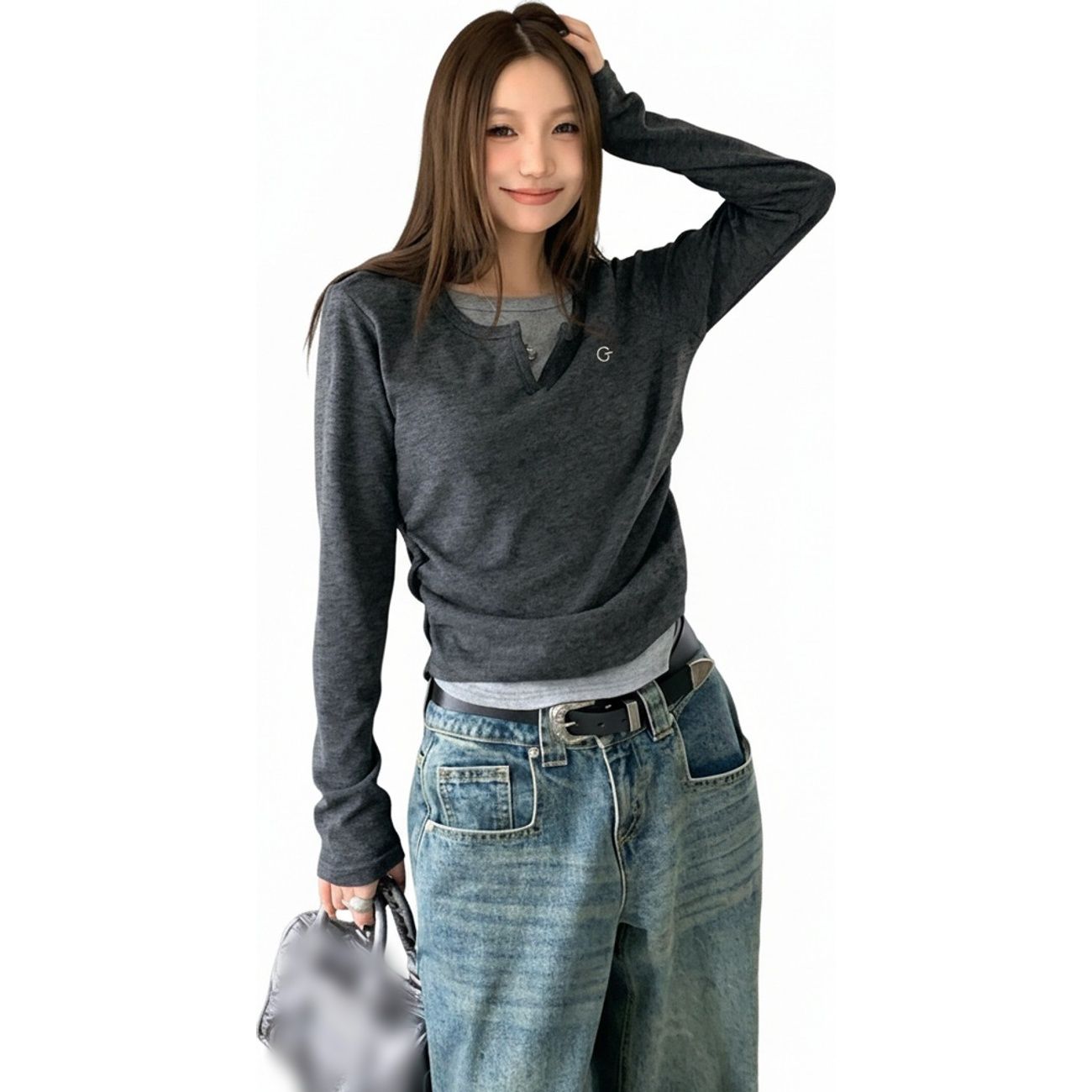 乐天商城 - 【レイヤード風】カットソー レディース 長袖 重ね着風 Tシャツ トップス ロンT キーネック Vネック タイト スリム フィット ワンポイント 刺繍 ロゴ 刺しゅう 細見え 着痩せ ボディライン インナー 伸縮性 ストレッチ 無地 カジュアル きれいめ ストリート Y2K 韓国