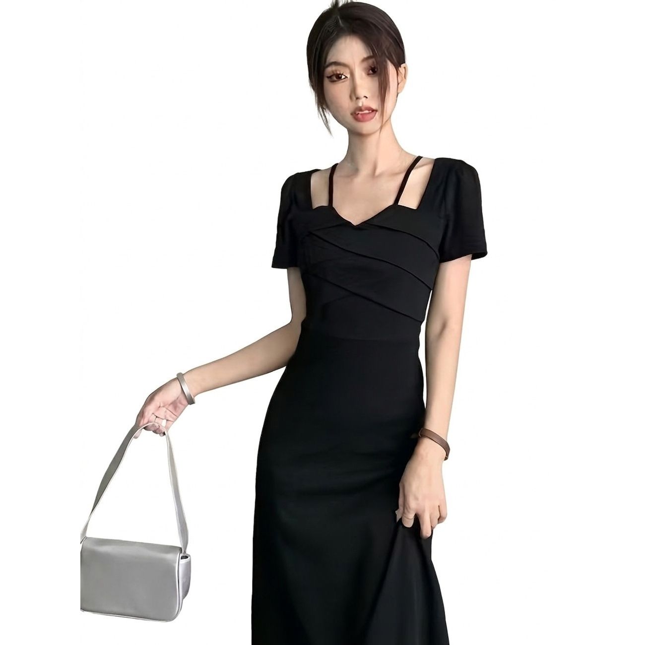 樂天商城 - 【美シルエット】 タイトワンピース ロング ワンピース レディース スクエアネック 半袖 ギャザー クロスデザイン きれいめ ドレス お呼ばれ 二次会 結婚式 パーティー ミモレ丈 膝下 ブラック 黒 ワンピ ボディコン 細見え 体型カバー ハイウエスト 20代 30代 40代