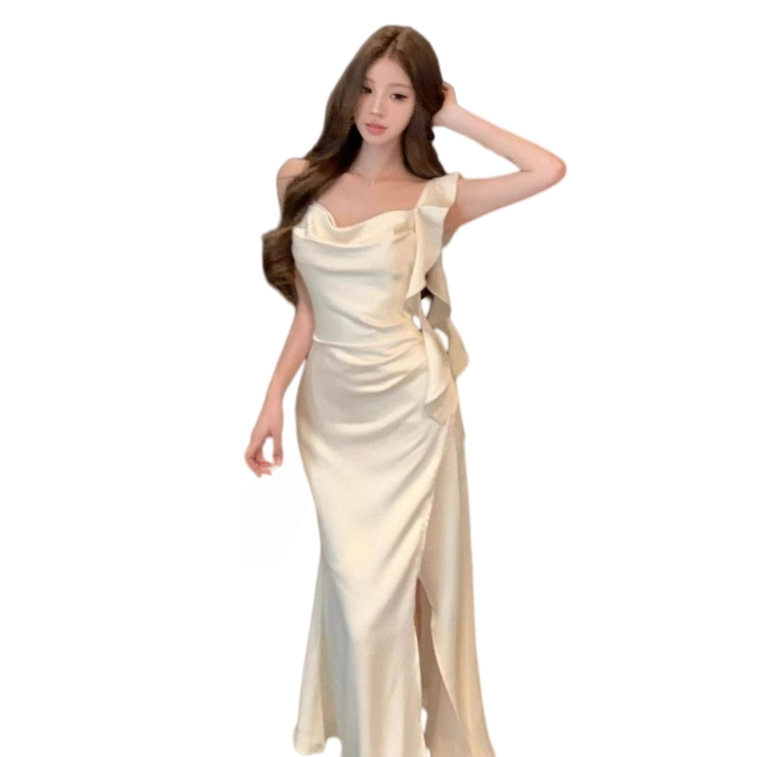 乐天商城 - サテン ロングワンピース レディース キャミソール ドレープネック パーティードレス フリル スリット セクシー タイト エレガント きれいめ お呼ばれ 結婚式 二次会 謝恩会