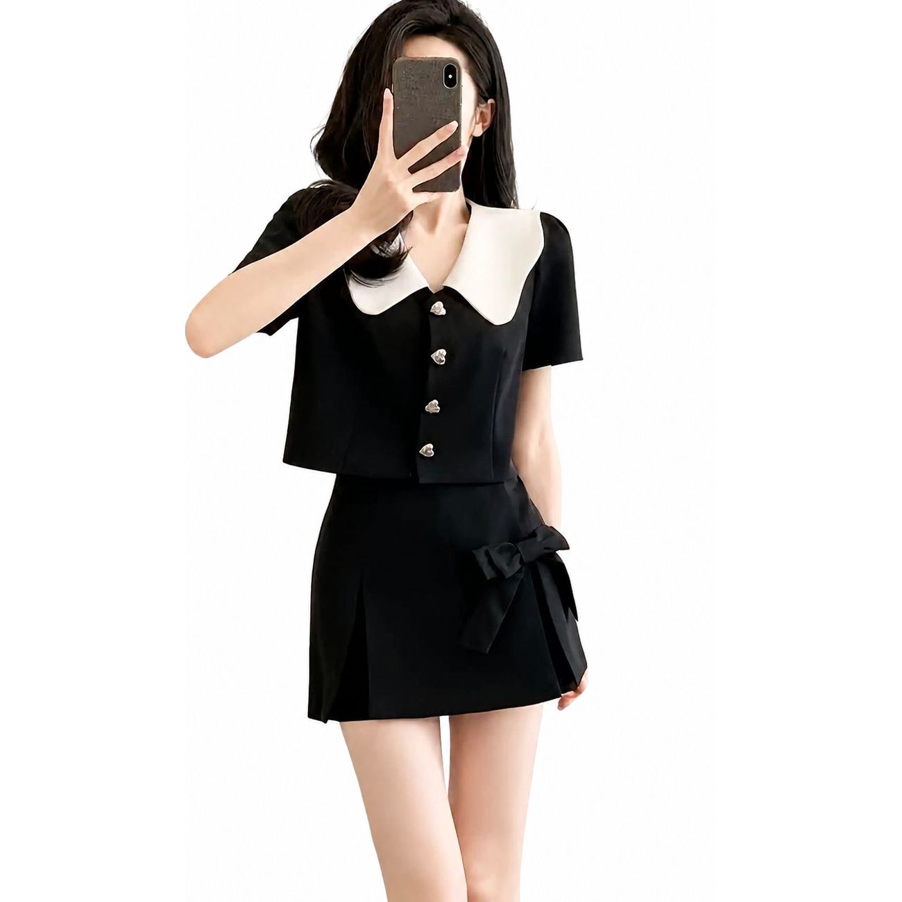乐天商城 - 【大人可愛い】 セットアップ レディース 半袖 ブラウス ミニスカート 2点セット 上下セット ビッグカラー 襟付き ハートボタン リボン バイカラー モノトーン プリーツ 韓国 ファッション 体型カバー 着痩せ 細見え 脚長効果 ショート丈 クロップド 春 夏 秋 デート