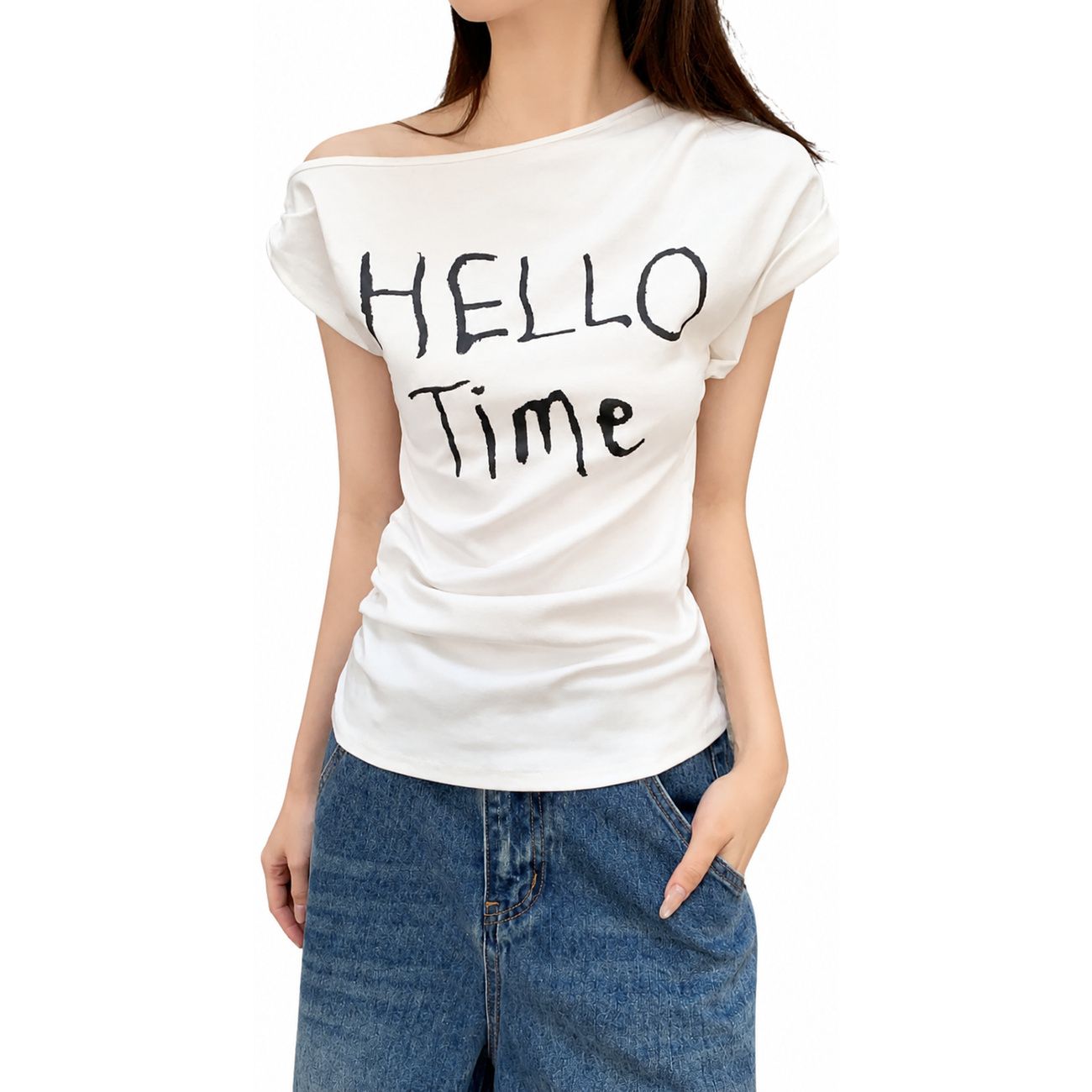 乐天商城 - 【ワンショル】Tシャツ レディース 半袖 アシンメトリー ロゴTシャツ 英字プリント トップス カットソー タイト スリム ストレッチ 伸縮性 柔らかい 着痩せ 細見え 華奢見え 肩出し デコルテ オフショル ティーシャツ プルオーバー 変形 デザイン カジュアル きれいめ