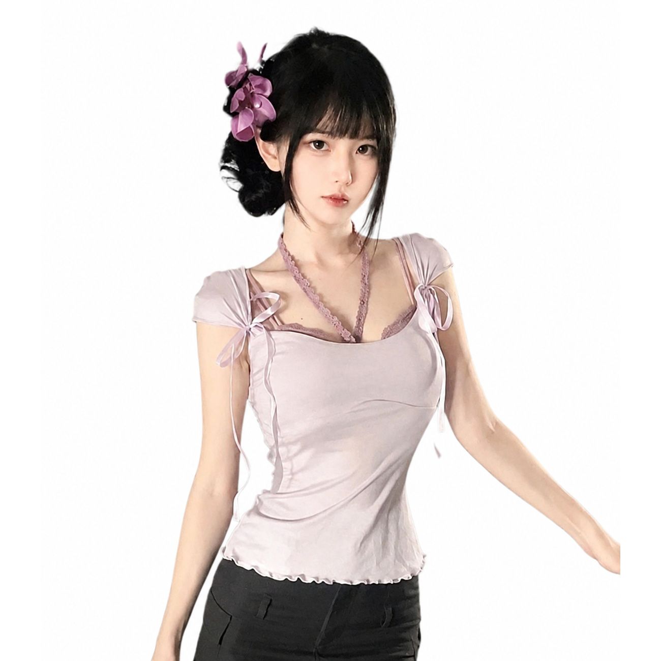 Camisoles - 【肩リボン×メロウ】 カットソー レディース 半袖 トップス スクエアネック タイト スリム Tシャツ フリル 裾 伸縮性 ストレッチ 着痩せ 細見え 鎖骨見え 美シルエット フェミニン ガーリー セクシー 大人可愛い 韓国ファッション 春 夏 プルオーバー インナー 無地