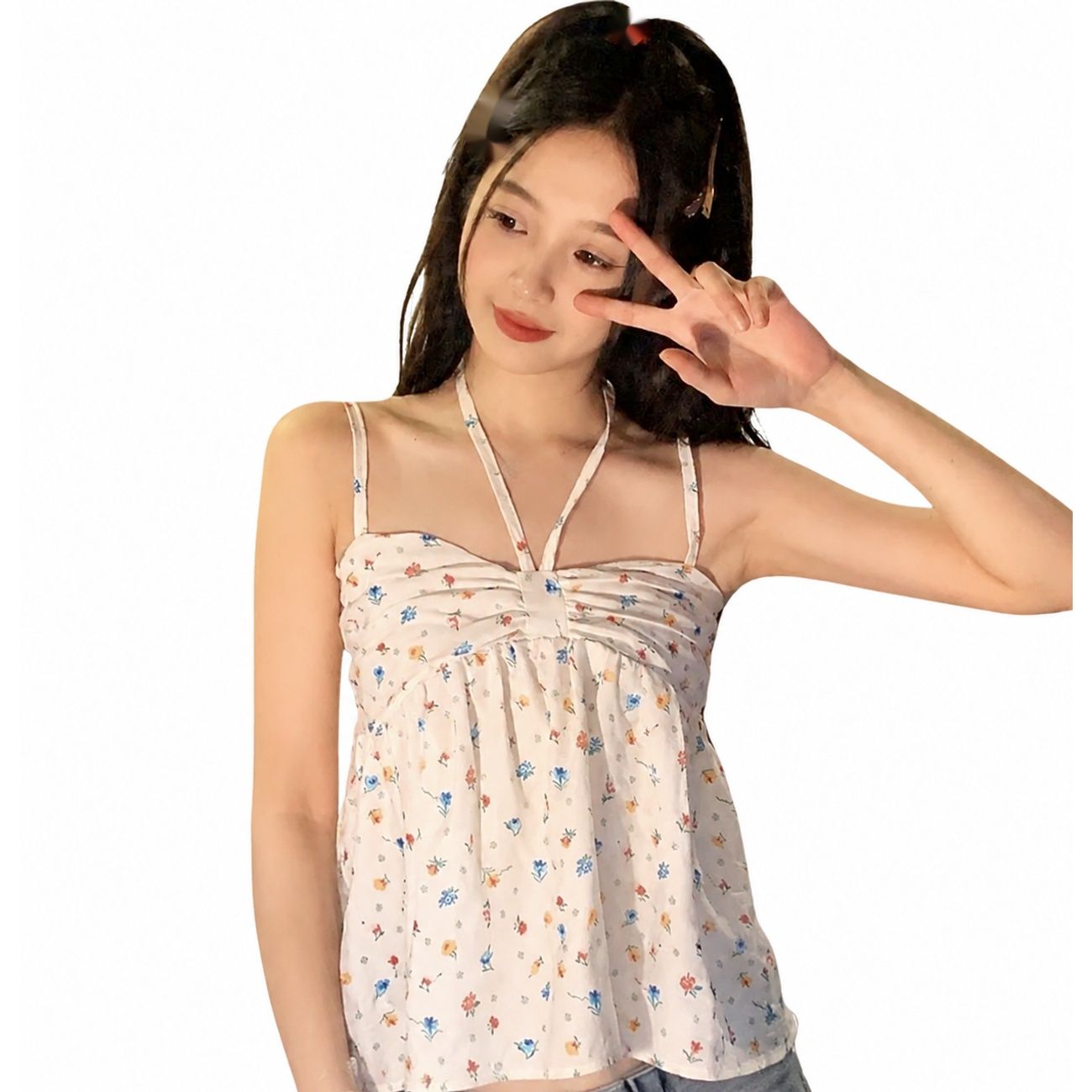【ヘルシー肌見せ】キャミソール花柄ホルターネックビスチェレディーストップスブラウス春夏小花柄リボンギャザーAラインペプラムノースリーブ袖なし背中あきバックシャンフェミニンガーリー大人可愛い体型カバー着痩せ涼しい重ね着レイヤードリゾート海ビーチ旅行デー