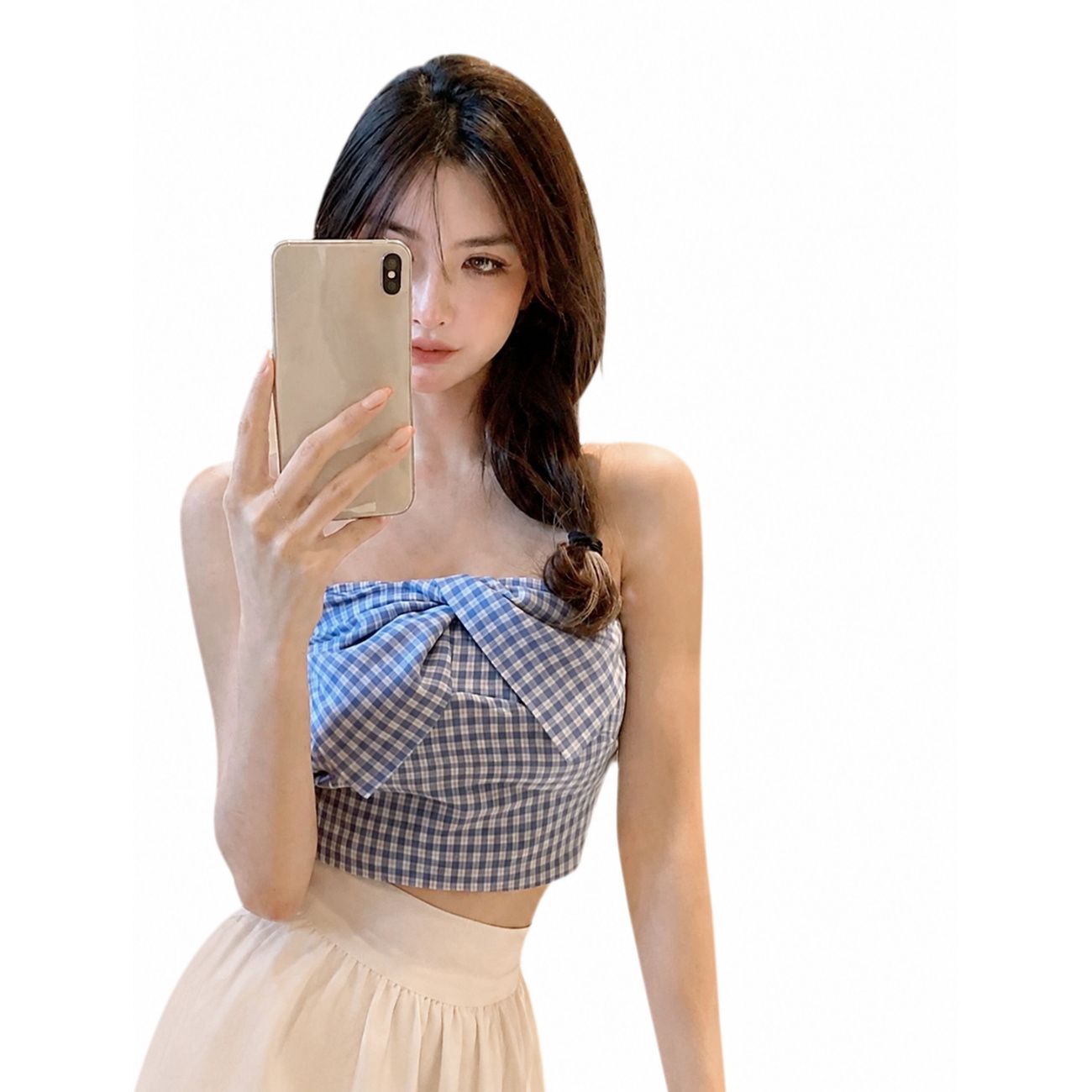 Camisoles - 【大人可愛い】チューブトップ ギンガムチェック ベアトップ ビスチェ フロントリボン レディース トップス ショート丈 ヘソ出し クロップド丈 チェック柄 ブラトップ インナー 韓国ファッション 夏服 海 プール ビーチ リゾート 肩出し 涼しい ストレッチ ブルー 青