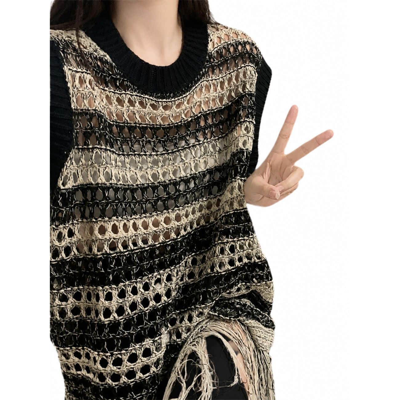 Camisoles - 【レトロ可愛い】ニットベスト レディース 透かし編み サマーニット ボーダー かぎ針編み フリンジ チュニック 透け感 レイヤード 重ね着 トップス ジレ オーバーサイズ ゆったり 体型カバー 二の腕カバー 着痩せ メッシュ クルーネック カジュアル 春 夏 秋