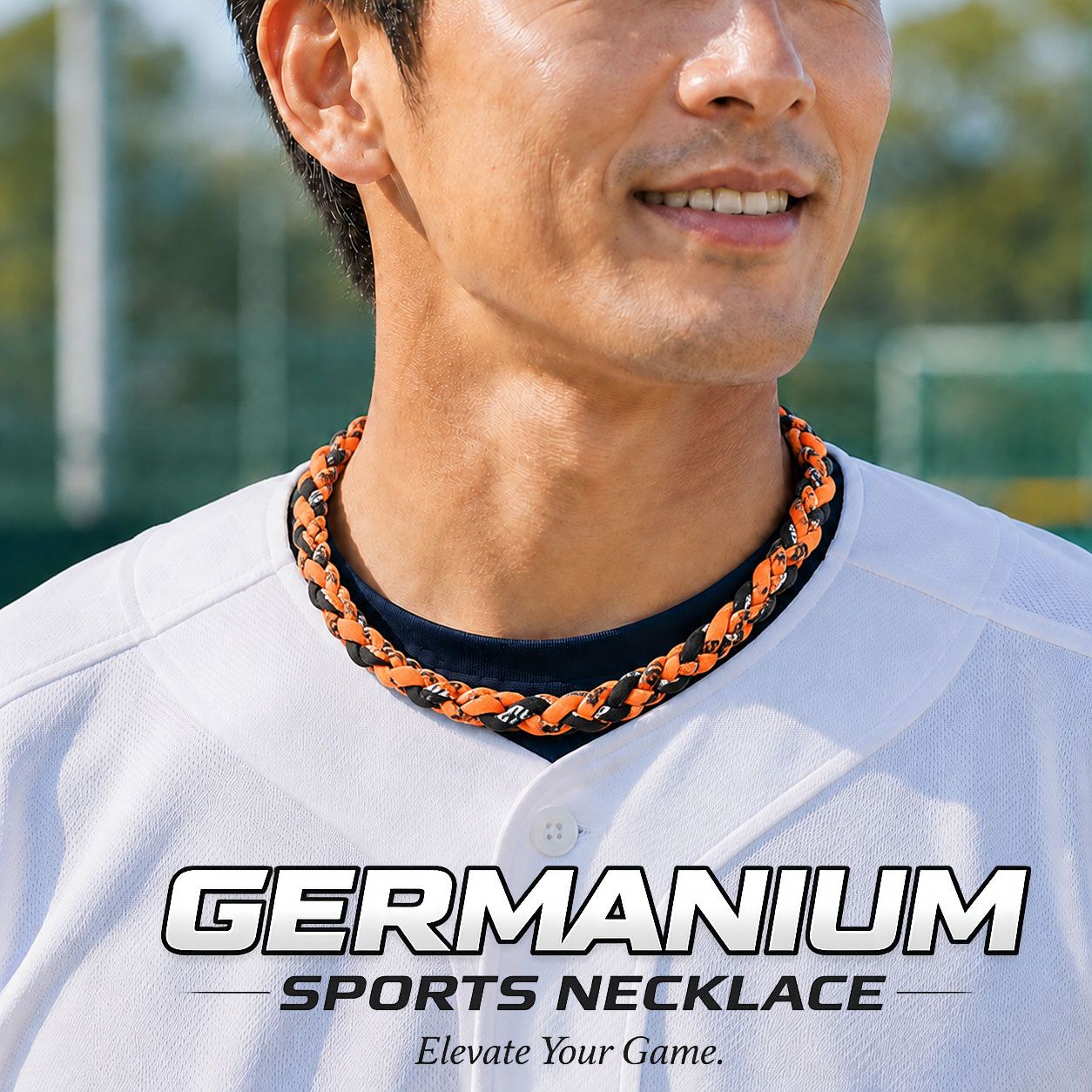 三つ編みスポーツネックレス オレンジ×ブラック スポーツ 金属アレルギーフリー 軽量設計 ゲルマニウム チタン 快適な着け心地 耐水性抜群 洗濯可能 野球 サッカー ゴルフ ジョギング スポーツシーンで活躍 男女兼用カジュアルなデザイン 首・手・足に装着可能 送料無料