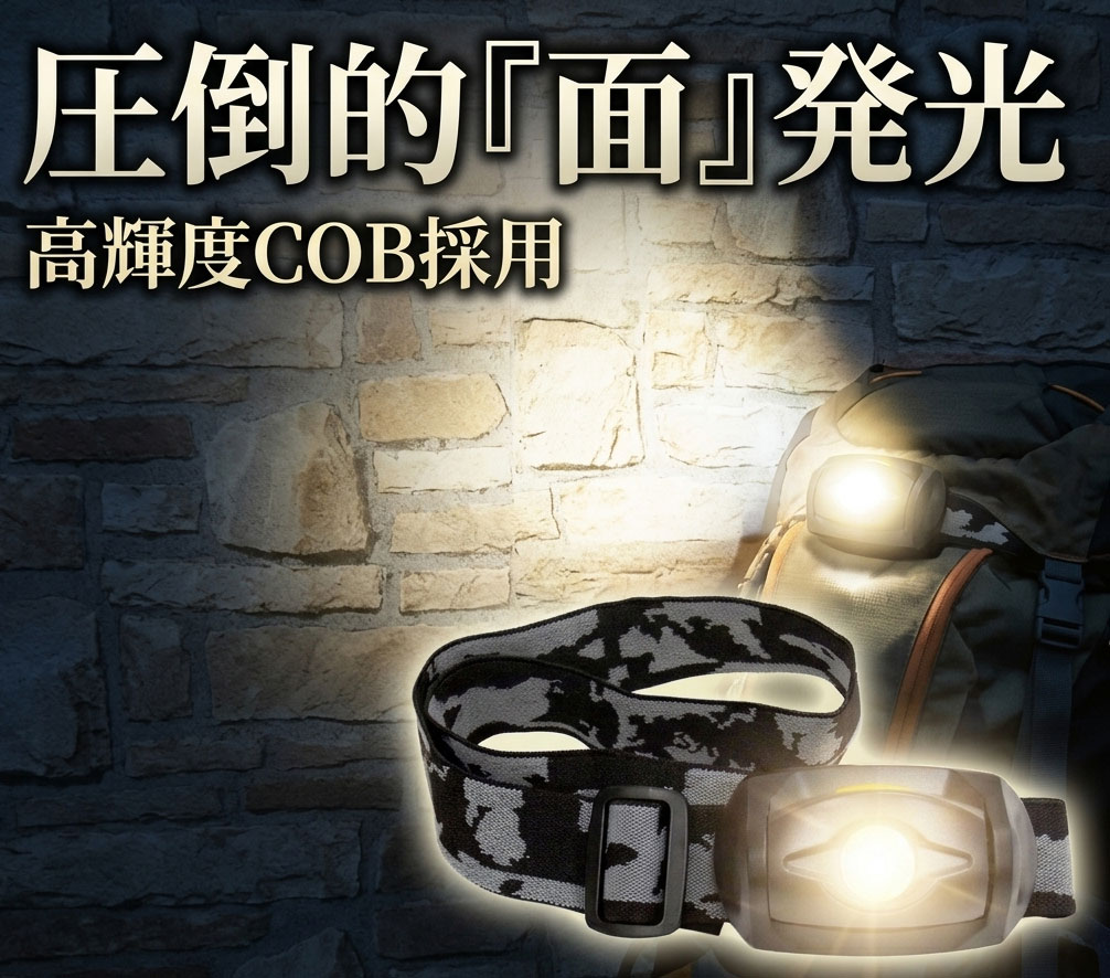乐天商城 - ヘッドライト LED COB 投光器 爆光ルーメン 明るい 面発光 3モード 軽量 ヘルメット 釣り 登山 キャンプ アウトドア 防災 停電 対策 グッズ 作業用 ワークライト 懐中電灯 ハンズフリー 小型 コンパクト 迷彩 ミリタリー 散歩 ジョギング 夜間 訓練 車中泊 避難 台風 地震