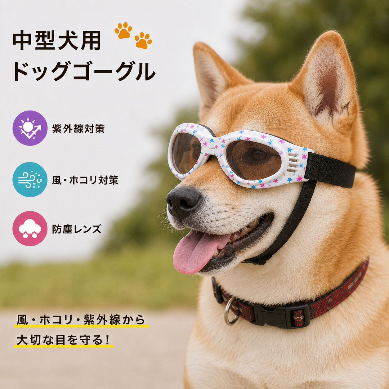 愛犬の瞳、日差しや風から覆えていますか？ 晴れた日のお散歩、強い日差しに愛犬が目を細めて歩いていませんか。 風の強い日や、砂ぼこりが舞う公園。 車でお出かけ中、窓から顔を出して風を浴びるのが大好きな愛犬。 大切な愛犬と過ごす楽しいお出かけの裏で、「目にゴミが入らないかな」「強い紫外線は気にならないかな」と、少し気がかりに感じたことはありませんか。 愛犬のお出かけをもっと快適に、もっと楽しく。 このドッグゴーグルは、そんな飼い主様の思いに寄り添い、愛犬の目まわりをやさしく覆うためのアイテムです。 ゴーグルを装着することで、気になる風やホコリ、そして強い日差しを物理的にガード。 愛犬は目を細めることなく、元気に走り回り、外の景色を楽しむことができます。 今まで以上に、一緒の外出が気兼ねなく楽しめるようになります。 愛犬の使い心地に配慮した4つのポイント 1. UV400表記レンズで日差し対策 日差しの強い季節のお散歩や、長時間のアウトドアに。UV400表記のレンズが目まわりを覆い、外のまぶしさを和らげます。 2. 2本のバンドで装着をサポート 頭まわりを支えるメインベルトに加え、下側には顎バンドを装備。愛犬の顔まわりに合わせて位置を調整しやすく、歩行時や屋外での使用時にもズレを抑えやすい構造です。 3. 顔にやさしい内側クッション ゴーグルの内側には黒いクッション材をぐるりと配置。硬いフレームが直接顔に当たりにくいよう配慮されており、装着時の当たりをやわらげます。 4. サイド通気口でムレを軽減 フレームの両側には複数の通気口を配置しました。ゴーグル内部に空気がこもりにくいよう配慮されたつくりです。 平面的なお顔に合わせやすい、ゆるやかなカーブ設計 「ゴーグルを買ったけれど、カーブがきつくて顔から浮いてしまう」 そんな経験はありませんか？ 本商品は、本体が大きく湾曲しすぎない形状で作られています。そのため、比較的平面的な顔立ちの中型犬に合わせやすい設計となっています。 （※反対に、鼻先が長く顔のカーブが大きい犬種ではフィットしにくい場合があります。ご購入前に必ずサイズと顔立ちをご確認ください） こんなシーンで大活躍します 毎日のいつものお散歩に：アスファルトからの照り返しや、低い位置のホコリから目まわりを覆います。 風の強い日のお出かけに：風が強い日も、物理的にガードして快適に歩けます。 ドライブ中の窓まわりに：窓から顔を出して風を感じるのが好きな愛犬のサポートに。 公園やキャンプなどのアウトドアに：自然の中でも目まわりを覆って活動をサポートします。 日差しが気になる季節に：日差しが強い時期の外出も、心置きなく楽しめます。 商品仕様・サイズ 対象：中型犬向け（比較的平面的な顔立ちの犬種） 本体サイズ： ・幅：約13cm（直線）／約15cm（曲面） ・高さ：約4.3cm ・レンズ：約4.5cm×約3cm ※計測方法や個体差により、多少の誤差が生じる場合があります。 よくあるご質問 Q. どんな犬でも使えますか？ A. 犬種だけでなく、顔幅・鼻先の長さ・頭の形によってフィット感が異なります。本商品は強く湾曲しないため、比較的平面的な顔立ちの中型犬向けです。 Q. サイズ調整はできますか？ A. ベルトで調整できます。装着後は締めすぎや緩みがないか、指が入る程度を目安に愛犬の様子を確認しながら調整してください。 Q. 長時間つけたままでも大丈夫ですか？ A. 初めて使用する場合は短時間から慣らし、嫌がる様子や皮膚への当たりがないか確認しながらご使用ください。 【重要】ご購入前にご確認ください 本商品は愛犬の目まわりを覆うためのアクセサリーです。医療用の保護具ではありません。 犬種名だけで判断せず、必ず実寸と愛犬の顔立ちをご確認ください。 使用中は愛犬から目を離さず、異常や強い違和感が見られた場合は使用を中止してください。 いつものお散歩やお出かけに、新しい習慣を。 愛犬との外出は、かけがえのない大切な時間です。 日差しや風から目まわりをやさしく覆い、もっと快適に、もっとアクティブに。 さあ、このゴーグルを着けて、愛犬と一緒に新しい景色を見に行きませんか。
