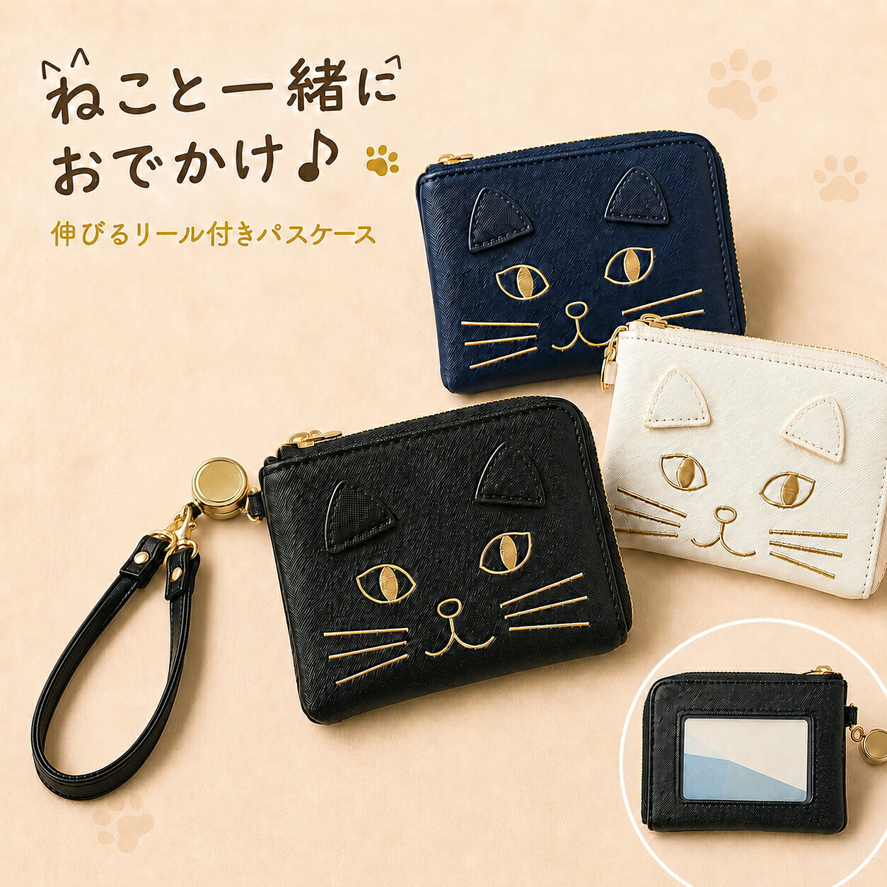 リール付きパスケース レディース 小銭入れ付き 定期入れ 通勤通学 ICカードケース かわいい おしゃれ ギフト プレゼント ブラック ネイビー アイボリー 送料無料 誕生日 旅行 ストラップ付き 便利 機能的 収納力抜群 高級感 革風 丈夫 スタイリッシュ blossom2007-10003523 ブロッサム パッケージ画像