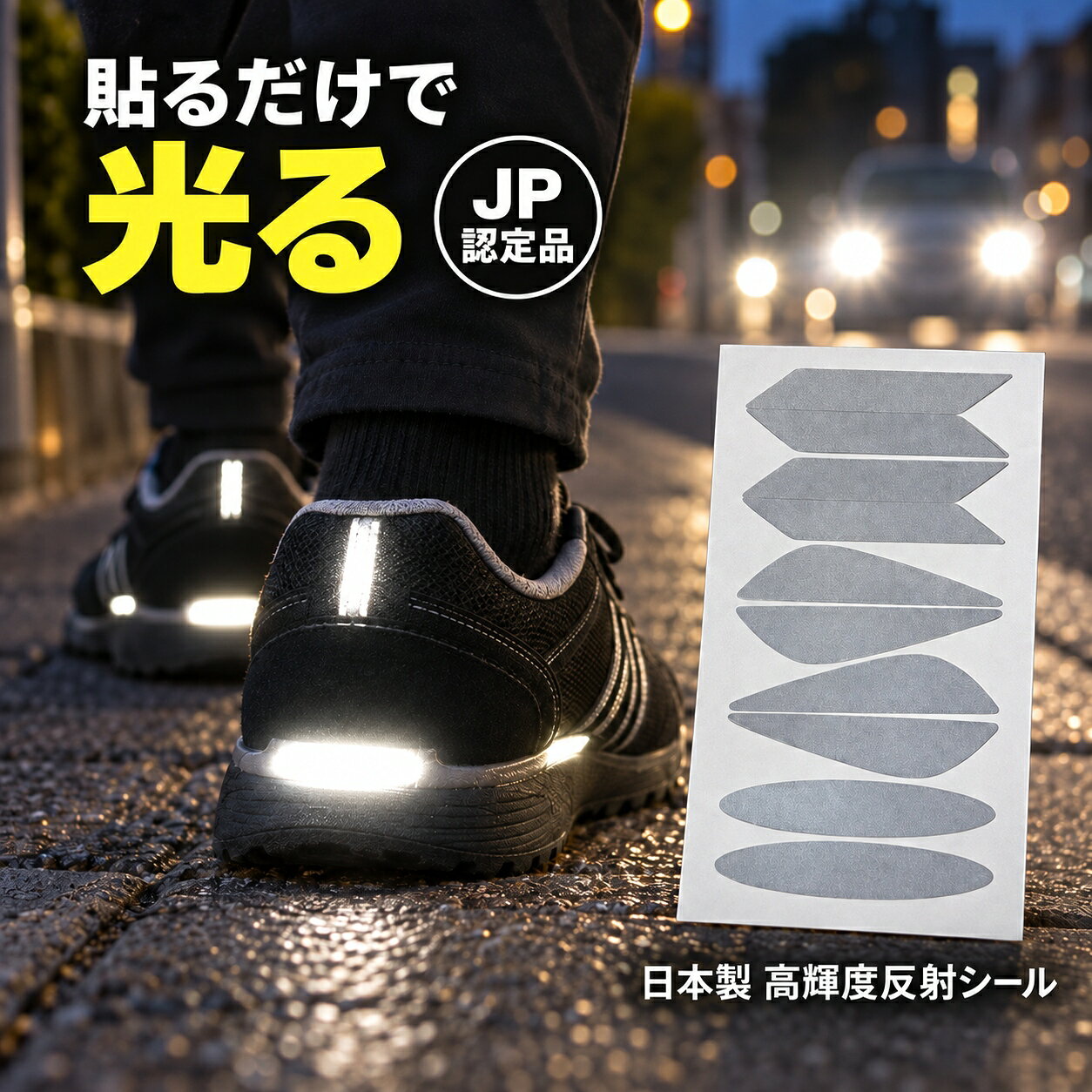 その一歩に、光の守りを。貼るだけで、夜道が格段に安心になる高輝度反射シール シューウィング 安全ステッカー 車を運転していて、暗い夜道で歩行者にヒヤッとした経験はありませんか？ また、ご自身やご家族が夜道を歩くとき、ドライバーからしっかり認識されているか不安に感じたことはありませんか？ 暗い色の服装は、ドライバーが気づくのが遅れがちです。しかし、この「シューウィング」を貼るだけで、車のライトを強力に反射。約57m先からでも、あなたの存在をくっきりと浮かび上がらせ、夜間の安全対策を力強くサポートします。 「シューウィング」が選ばれる4つの理由 ▼ 理由1：プロも認める圧倒的な視認性 素材には、業務用の安全ベストなどにも使われる「高輝度反射材」を採用。車のライトを浴びると、まるで自ら発光しているかのように強く輝き、ドライバーにいち早く存在を知らせます。その距離、実に約57m以上。これは一般的な白い服（約38m）を大きく上回る性能です。 ▼ 理由2：貼るだけ簡単。ハサミも不要の手軽さ 商品は使いやすい形状にカット済み。台紙から剥がして、お好きな場所に貼るだけで、すぐに安全対策が完了します。薄くて柔らかい素材なので、スニーカーのかかとやヘルメットの曲面にもしっかりとフィット。デザインを損なわず、スマートに安全性を高めます。 ▼ 理由3：アイデア次第で広がる使い方 靴はもちろんのこと、強力な粘着力で様々なアイテムに貼り付け可能です。お子様のランドセルやリュック、自転車のフレーム、ヘルメット、雨具（カッパ）、さらには愛犬のリードなど。あなたの持ち物が、あっという間に安全グッズに早変わりします。 ▼ 理由4：信頼の日本製とJPマーク認定 毎日使うものだからこそ、品質にはこだわりたい。本製品は、厳しい基準をクリアした信頼の日本製です。さらに、(一社)日本反射材普及協会が認定する「JPマーク」認定品。確かな品質で、あなたとあなたの大切な人の安全を支えます。 あらゆるシーンの「夜の不安」に寄り添います ■ 毎日の通勤・通学に 残業帰りのビジネスパーソンや、塾帰りの学生の足元やカバンに。 ■ ナイトランやウォーキングに ウェアやシューズに貼って、趣味の時間をより安全に。 ■ お子様の安全対策に ランドセルや自転車、ヘルメットに。遊びに夢中になるお子様を見守ります。 ■ アウトドアや夜間の作業に キャンプ用品や作業着に貼って、暗がりでの安全確保に。 ■ 大切なペットとのお散歩に リードやハーネスに貼れば、小さなお供の安全にも繋がります。 さあ、手軽なワンポイントで、夜道に確かな安心をプラスしませんか？ 商品仕様 内容量 1シート 10ピース (約4.2cm × 0.8cm / 1ピース) 材質 高輝度反射材 (PVC)、ウレタン系粘着剤 本体重量 約10g (パッケージ含む) 生産国 日本 JANコード 4937747 260427 ※ロットにより剥離紙の色が異なる場合がございますが、品質に違いはございません。 ※すべての状況において事故を完全に防ぐことを保証するものではありません。交通ルールを守り、安全にご使用ください。